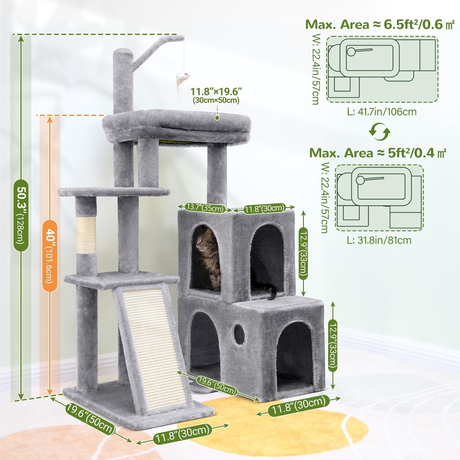 50-Inch Heavy Duty Cat Tree for Large Cats with Scratching Board & Condos