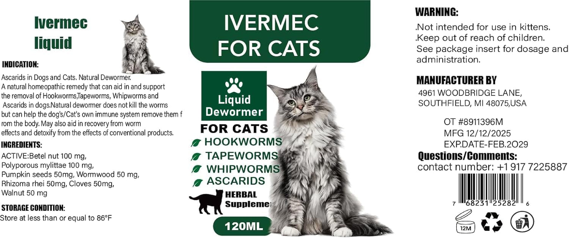 Cat Dewormer Liquid Broad Spectrum Tapeworm Roundworm Hookworm 120ml