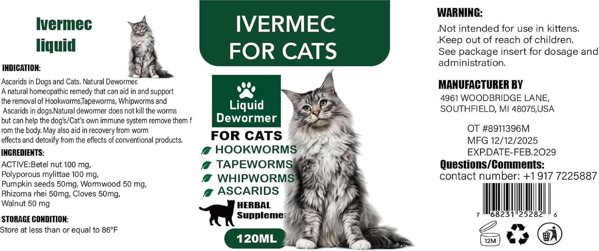 Cat Dewormer Liquid – Broad Spectrum Drops for Cats & Kittens, 120ml