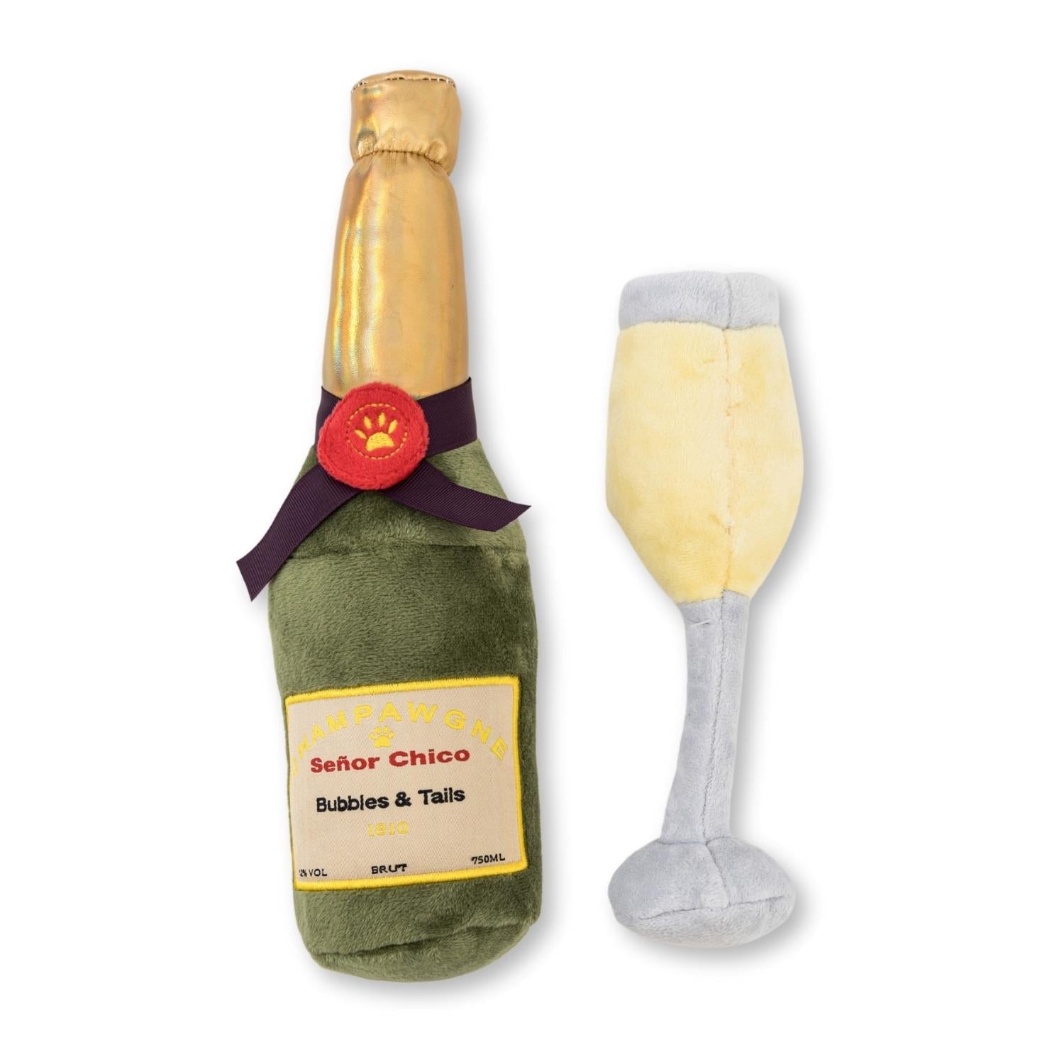 Champawgne Cheers Plush Dog Toy Set, Glass & Bottle, Squeakers & Crinkle Paper