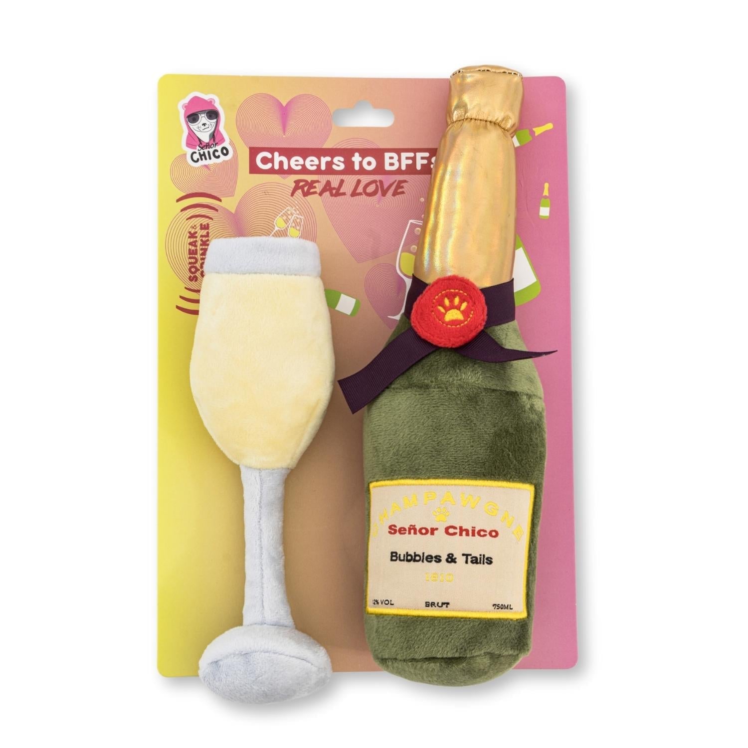 Champawgne Cheers Plush Dog Toy Set, Glass & Bottle, Squeakers & Crinkle Paper