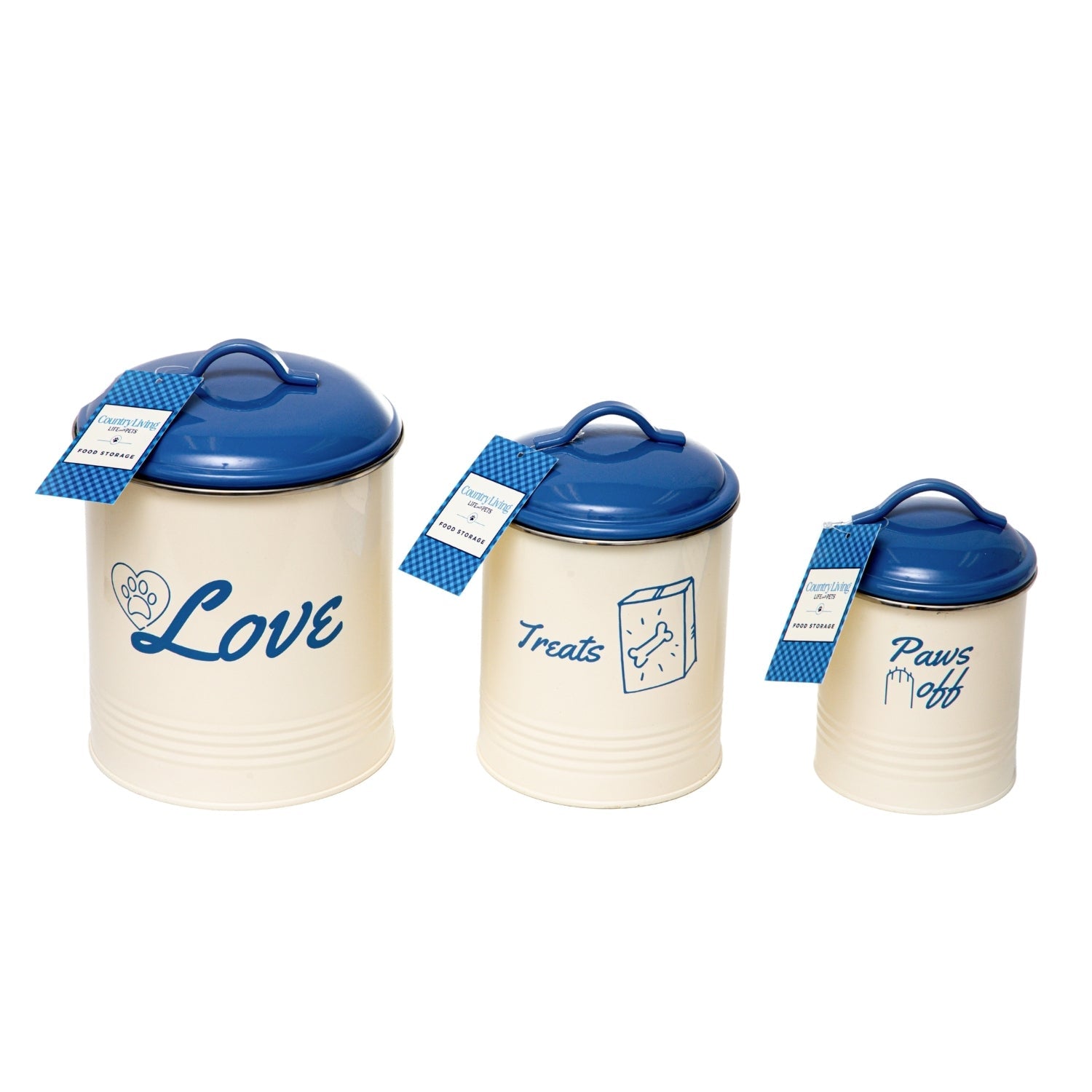 Country Living Set of 3 Pet Treat Canisters, Dog Treat Storage  French Blue Lid