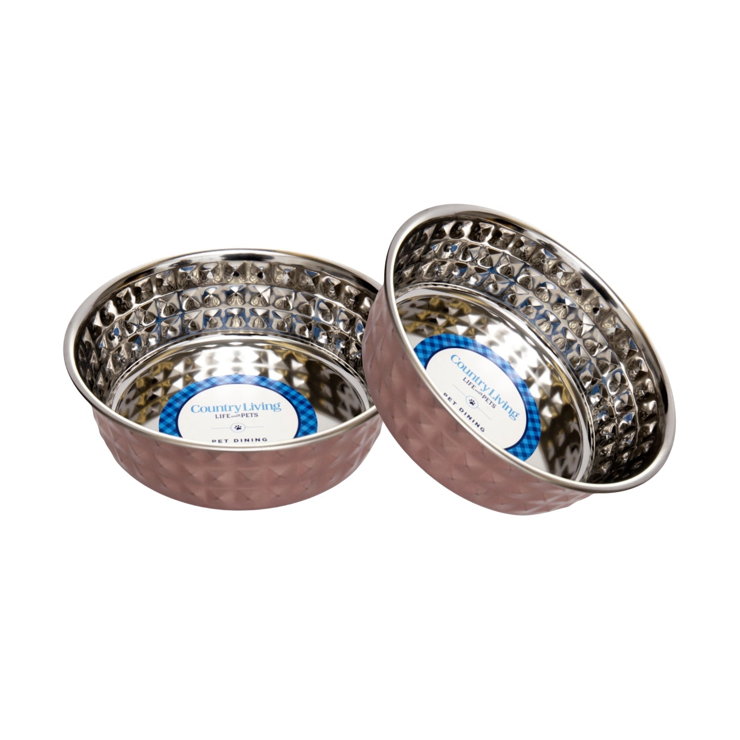 Country Living Set of 2 Hammered Stainless Steel Dog Bowls  Rose Quartz/64oz