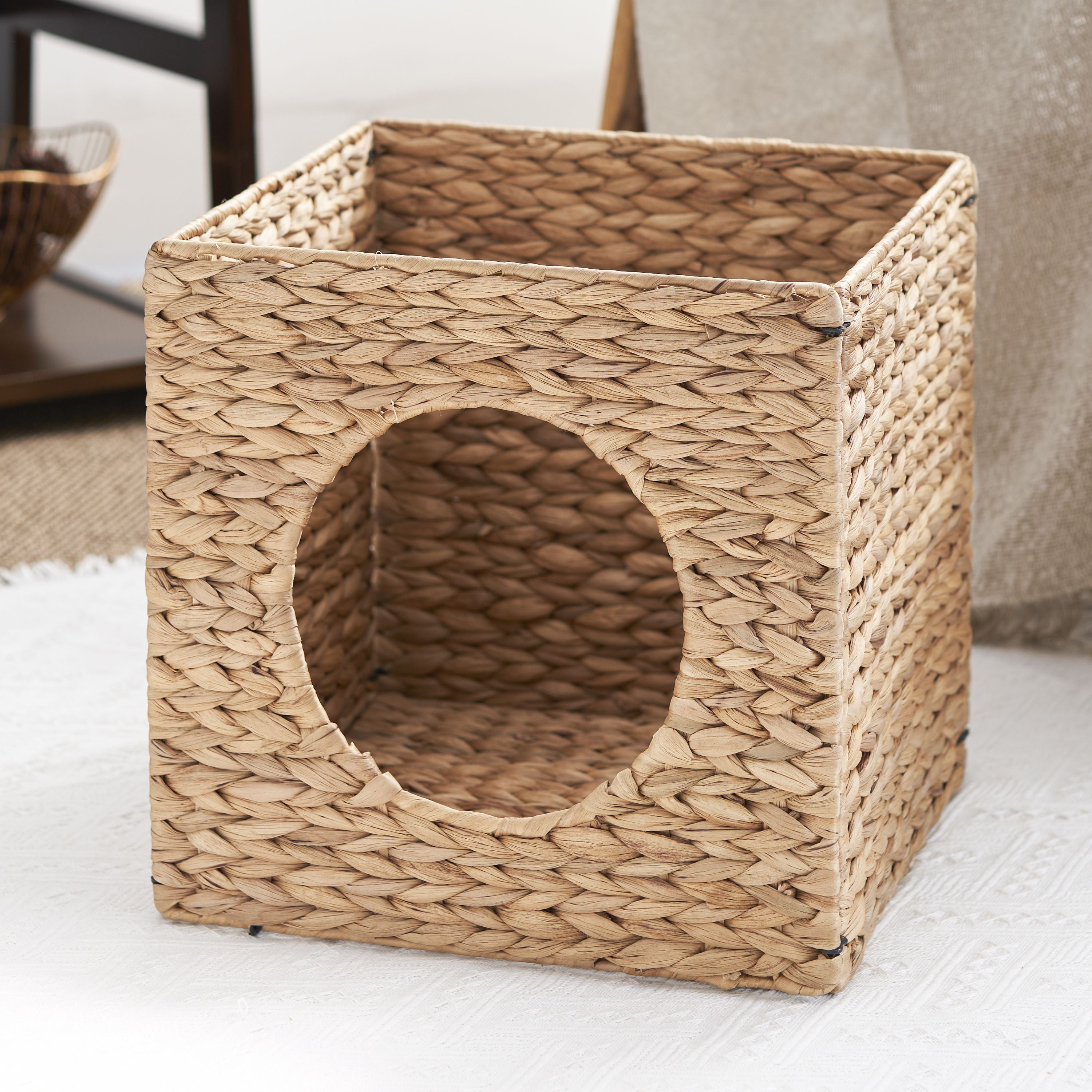 Water Hyacinth Woven Wicker Square Cat Bed Cave - 13 x 13 x 13 - For Small and Medium Cat Breeds and Chihuahua