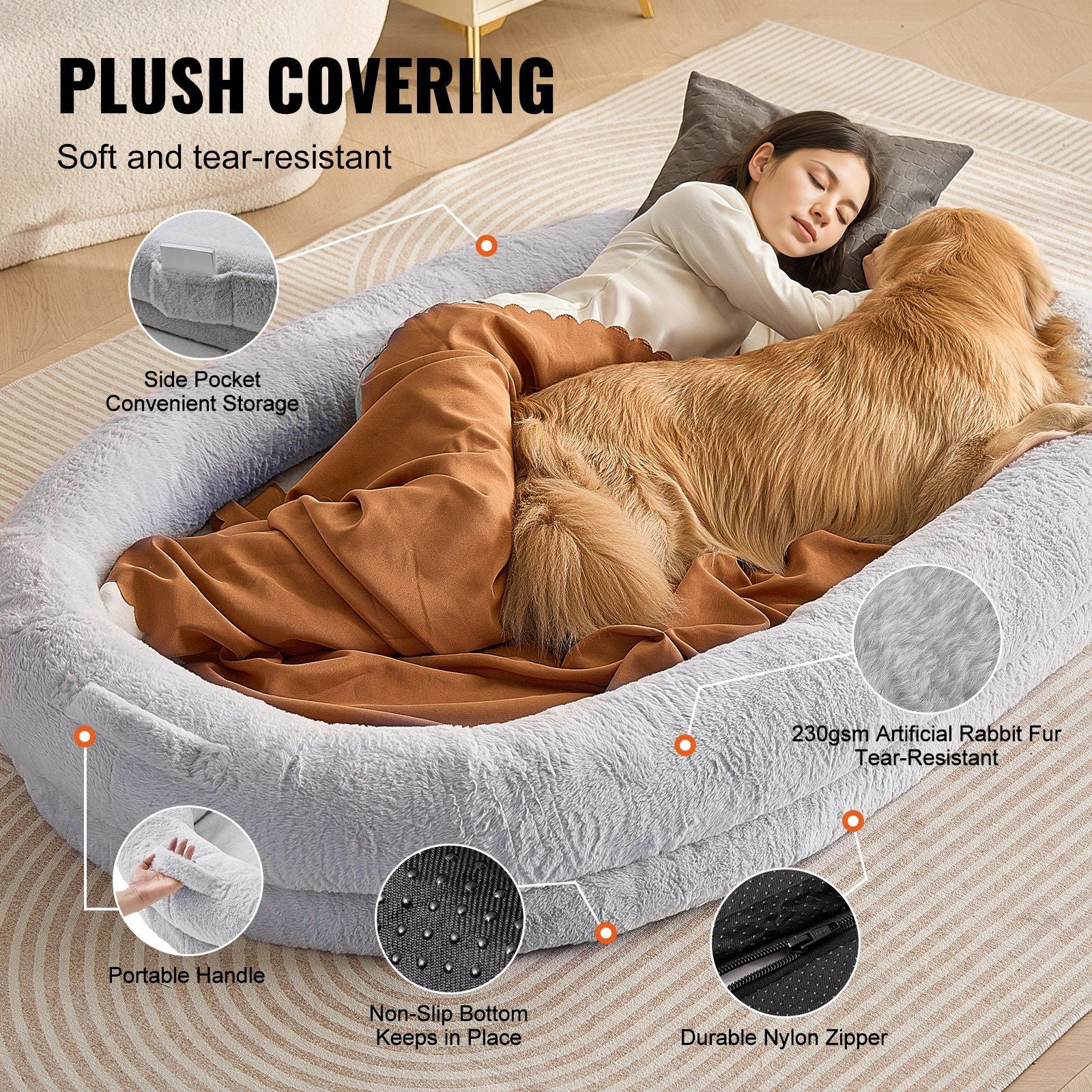 Vevor Human Dog Bed, 72'X48'X10' Human Dog Bed For Adult, Human Size Dog Bed With Washable Faux Rabbit Fur Cover, Egg Orthopedic Foam, Storage Pocket, Large Dog Bean Bed, Light Grey