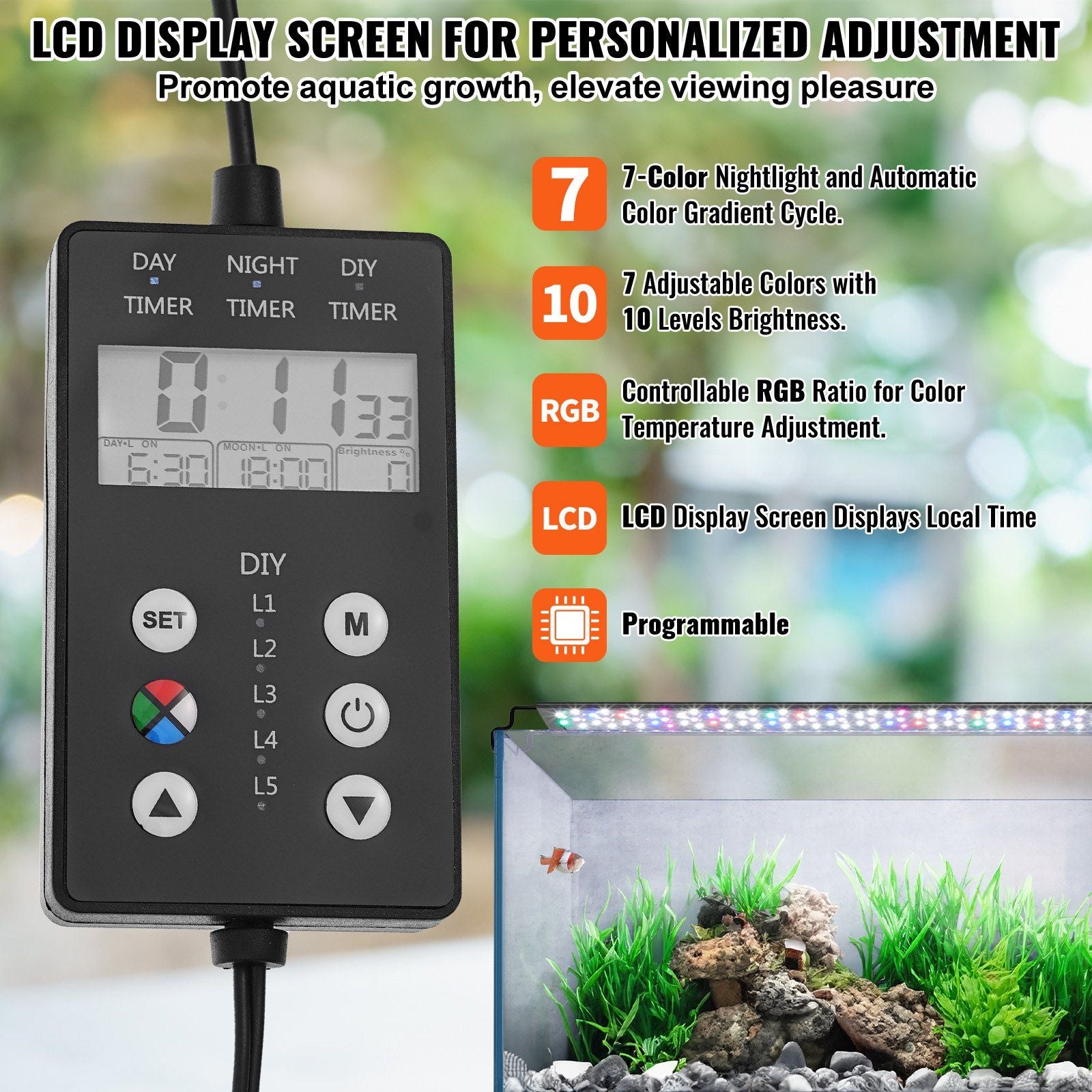 Vevor Aquarium Light With Lcd Monitor, 24W Full Spectrum Fish Tank Light With 24/7 Natural Mode, Adjustable Brightness & Timer - Aluminum Alloy Shell Extendable Brackets For 30'-36' Freshwater Tank