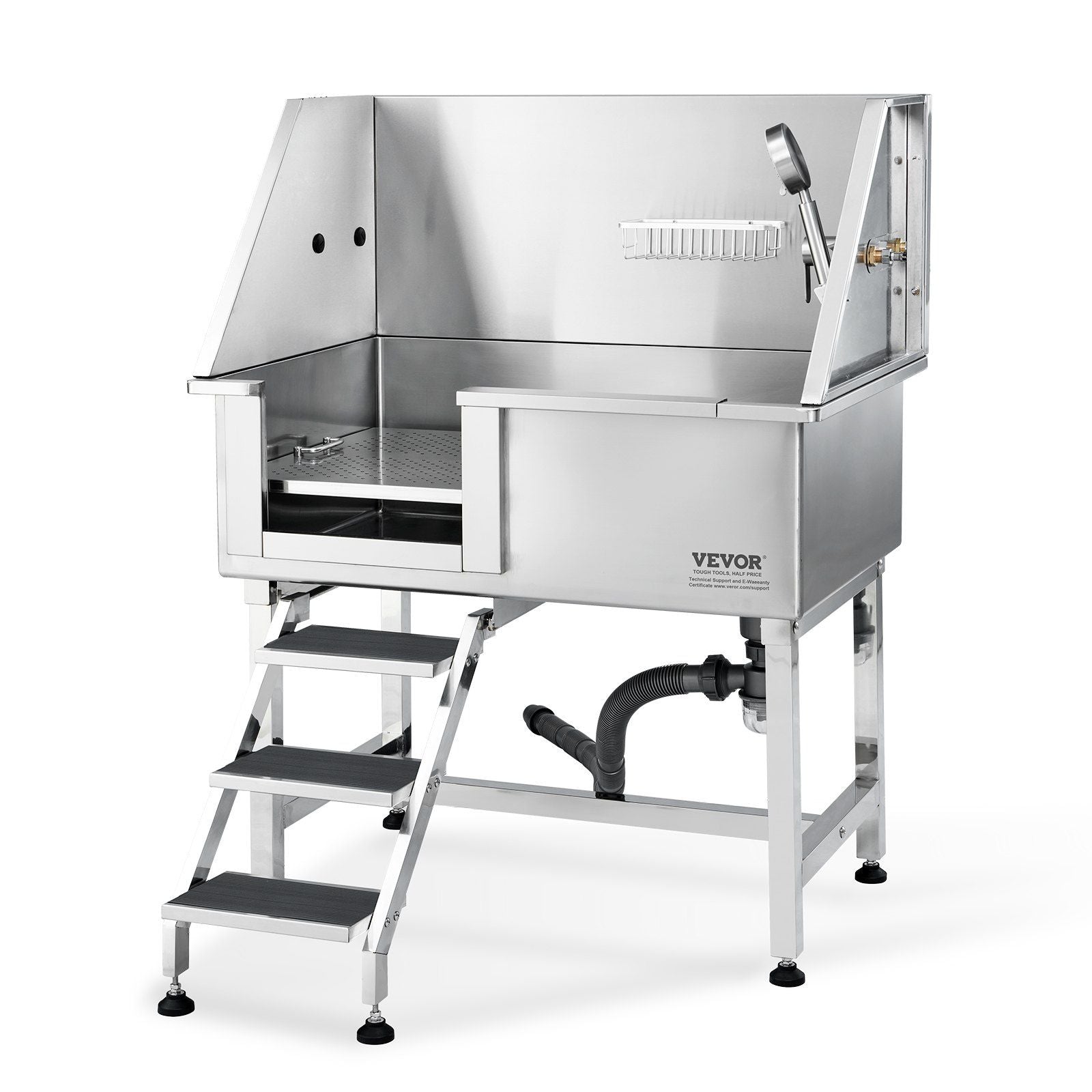 VEVOR 38 Pet Dog Bathing Station w/Ramp, Professional Stainless Steel Dog Grooming Tub w/ Storage Drawer, Floor Grate, Faucet, D