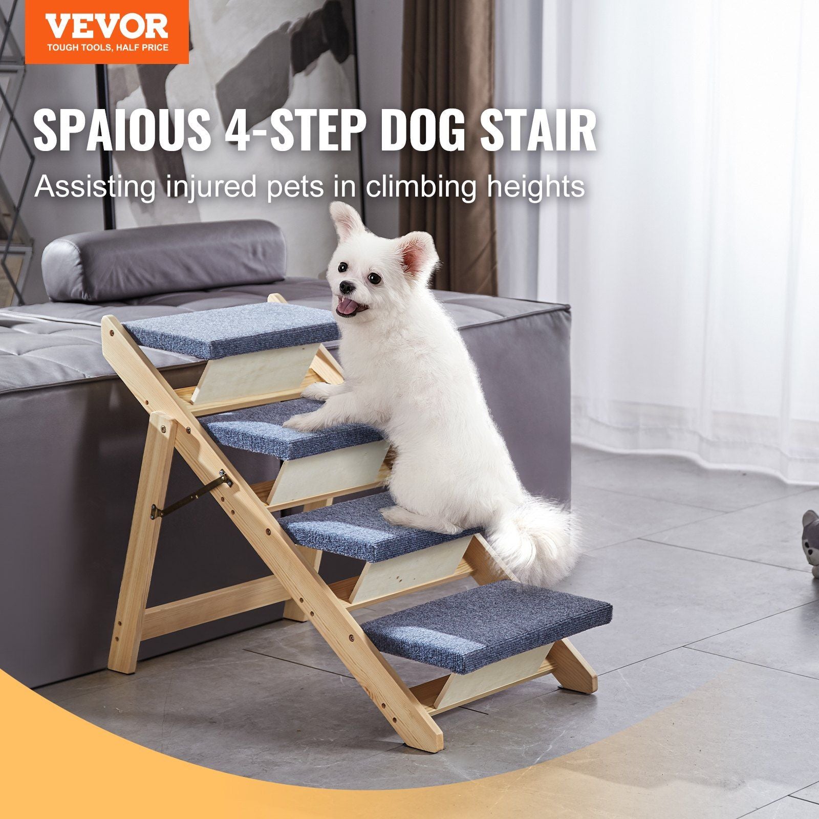 Vevor Wood Pet Stairs/Pet Steps, 2-In-1 Foldable Wooden Dog Stair For Beds, Sofa And Cars, Dog Stairs & Ramp With 4 Steps For Small Medium Large Pet, Up To 150 Lbs