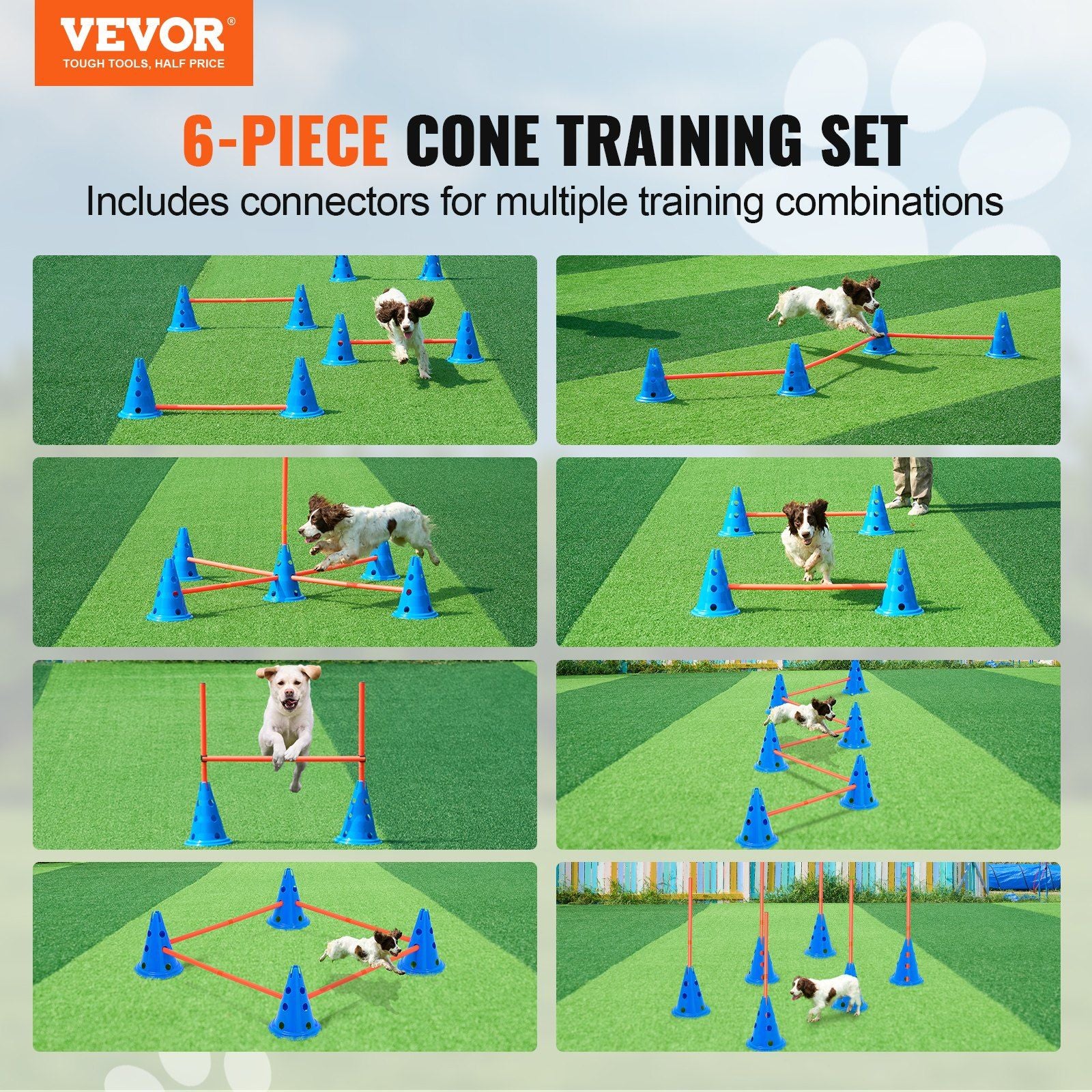 Vevor 6 Sets Dog Agility Hurdle Cone Set, 12 Agility Cones 6 Agility Rods 2 Rod Buckles, Dog Agility Course Backyard Set Puppy Obstacle Course Jump With Storage Bag, Pet Outdoor Games