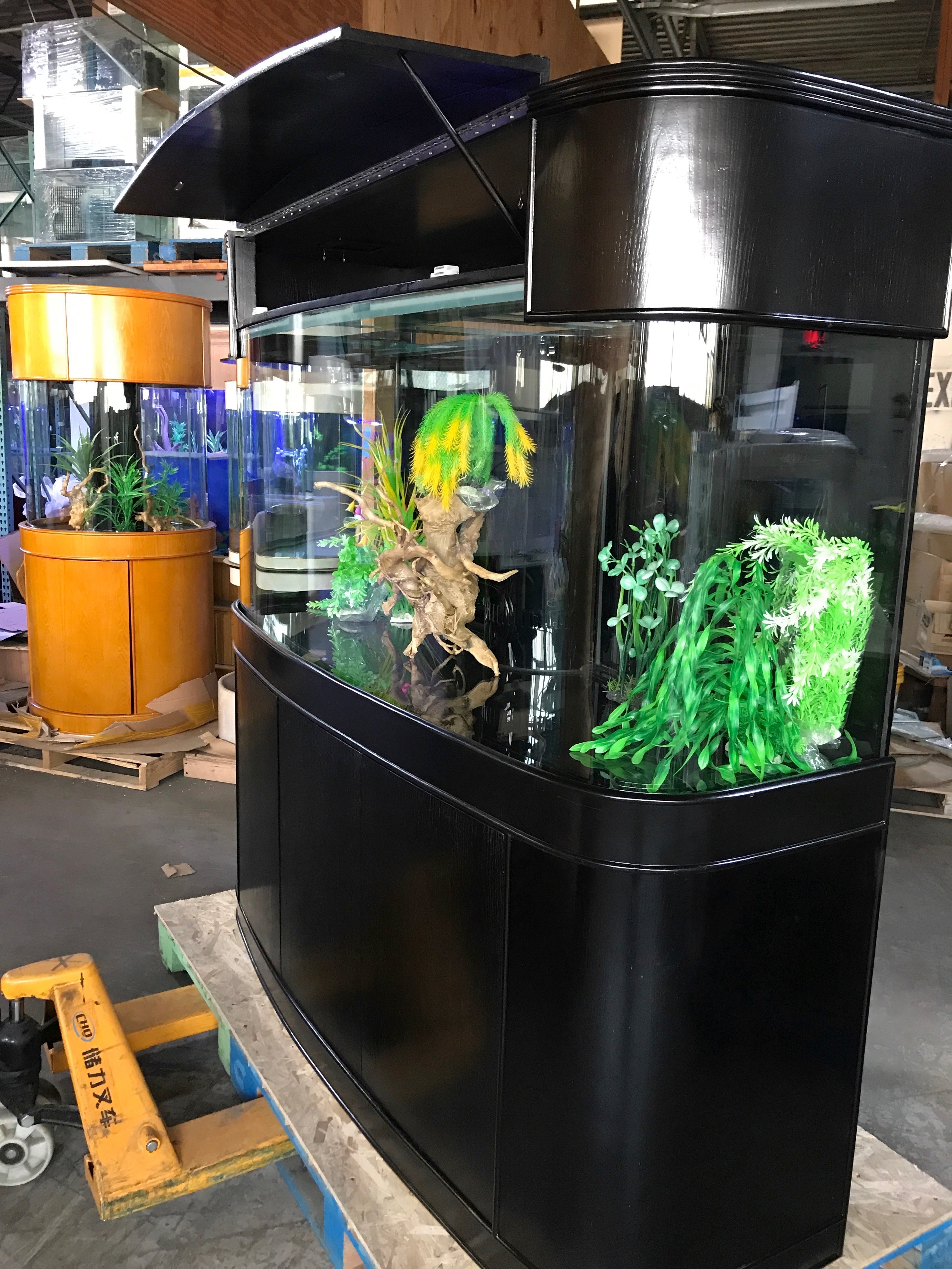 SLEEK 215 Gallon Seamless Glass Bowfront Reef-Ready Aquarium in Black Real Wood Furniture
