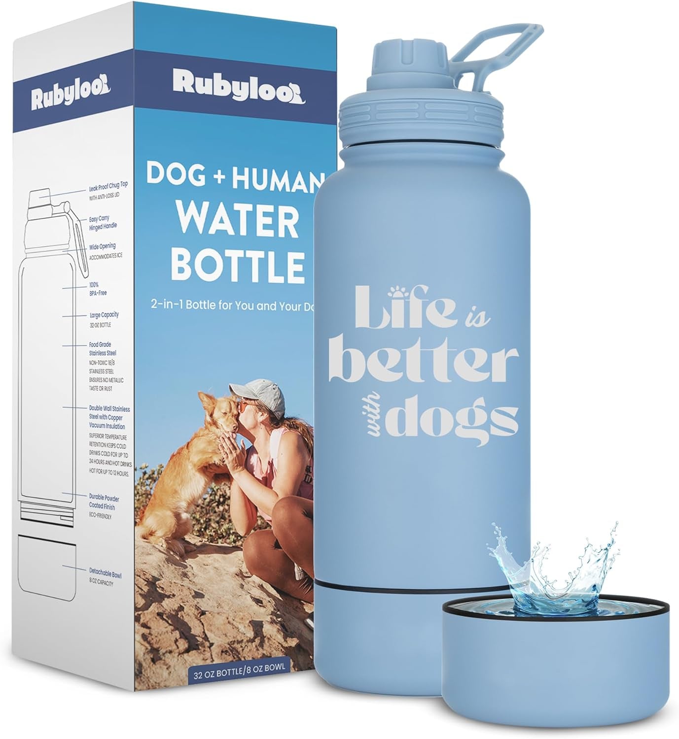 Dog Mom Water Bottle 32oz Insulated Stainless Steel with Dog Bowl Travel