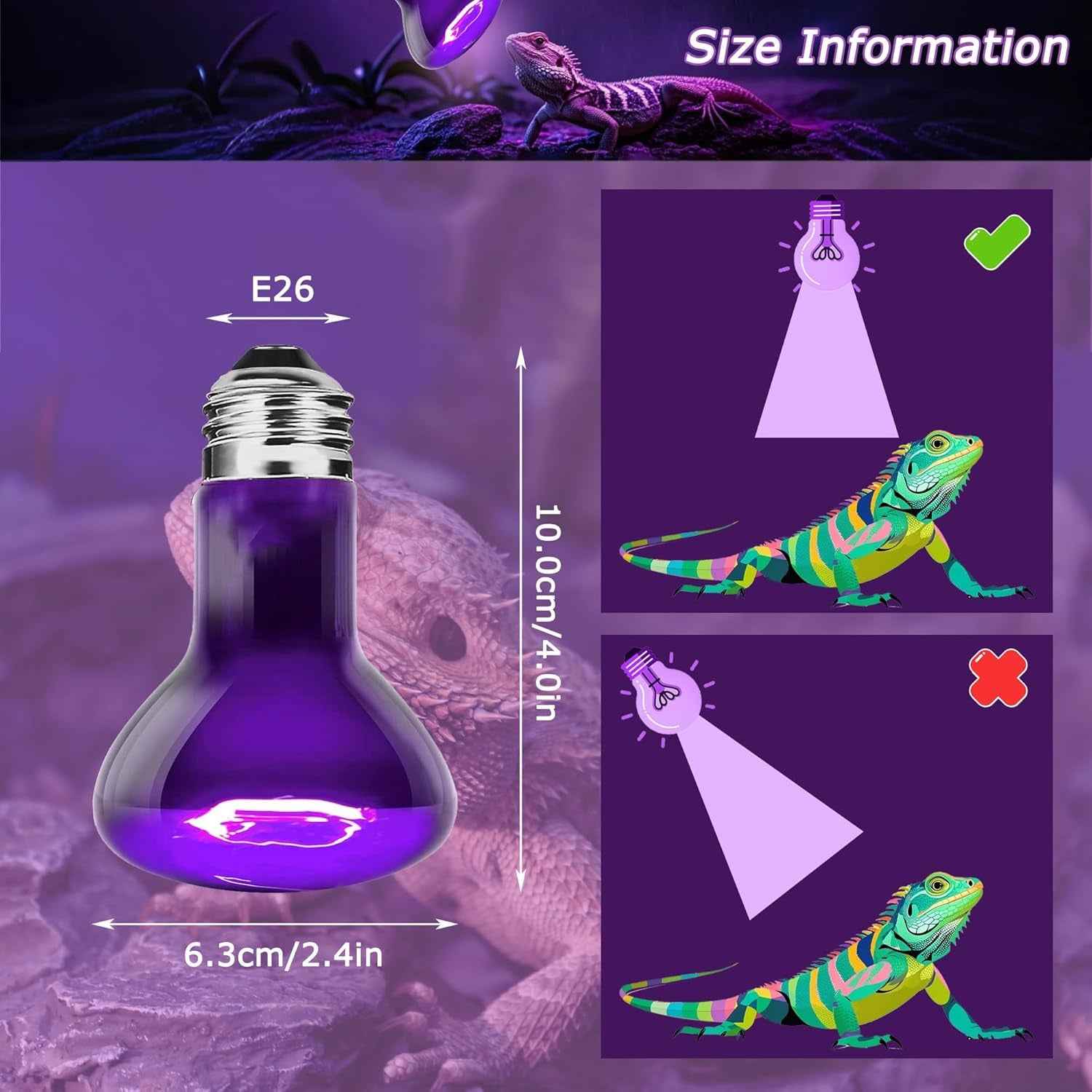 Reptile Night Heat Bulb 75W Purple UVA Basking Lamp E26 2 Pack