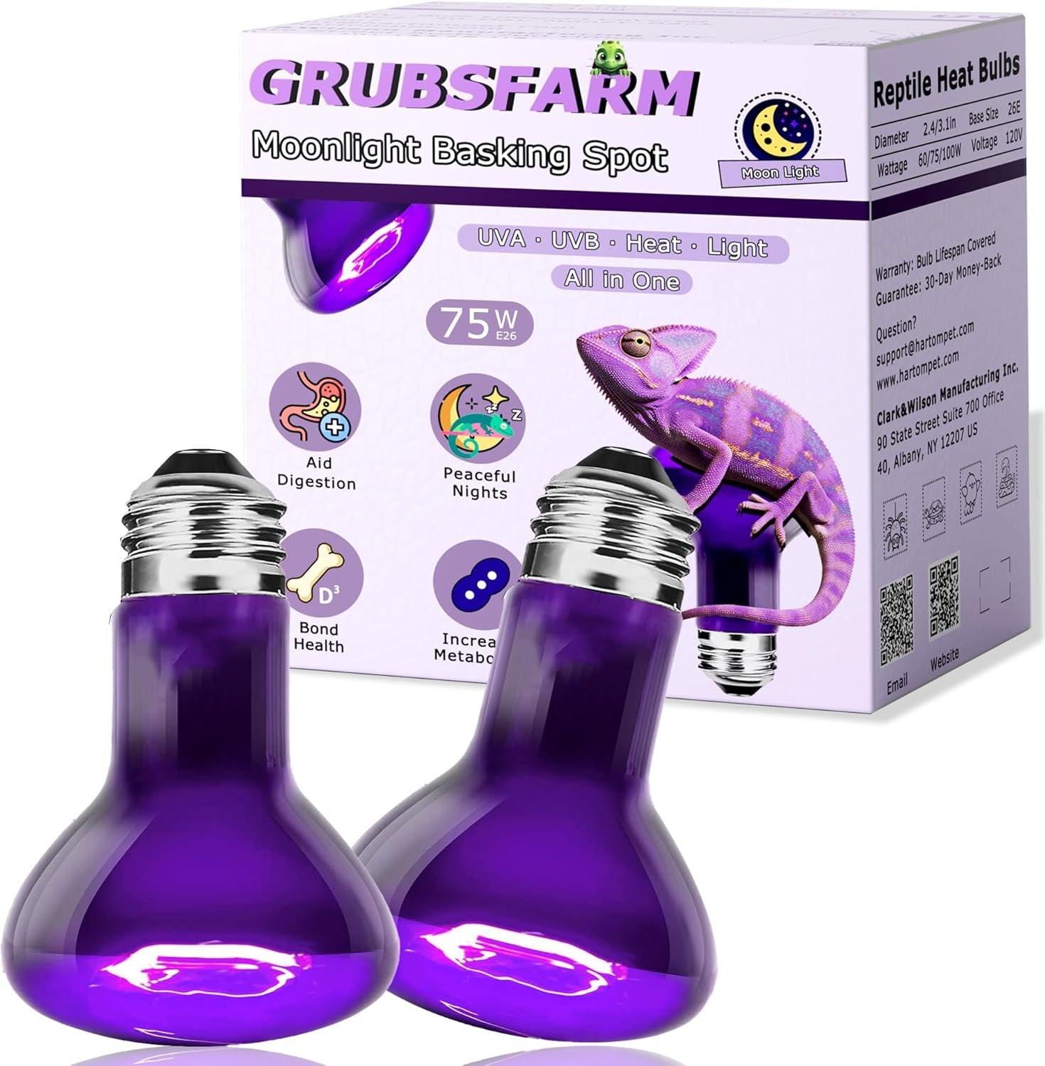 Reptile Night Heat Bulb 75W Purple UVA Basking Lamp E26 2 Pack