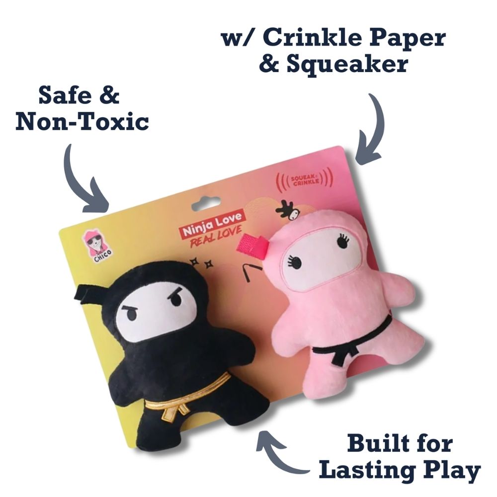 Pink & Black Ninja Plush Dog Toy Set, Squeakers & Crinkle Paper