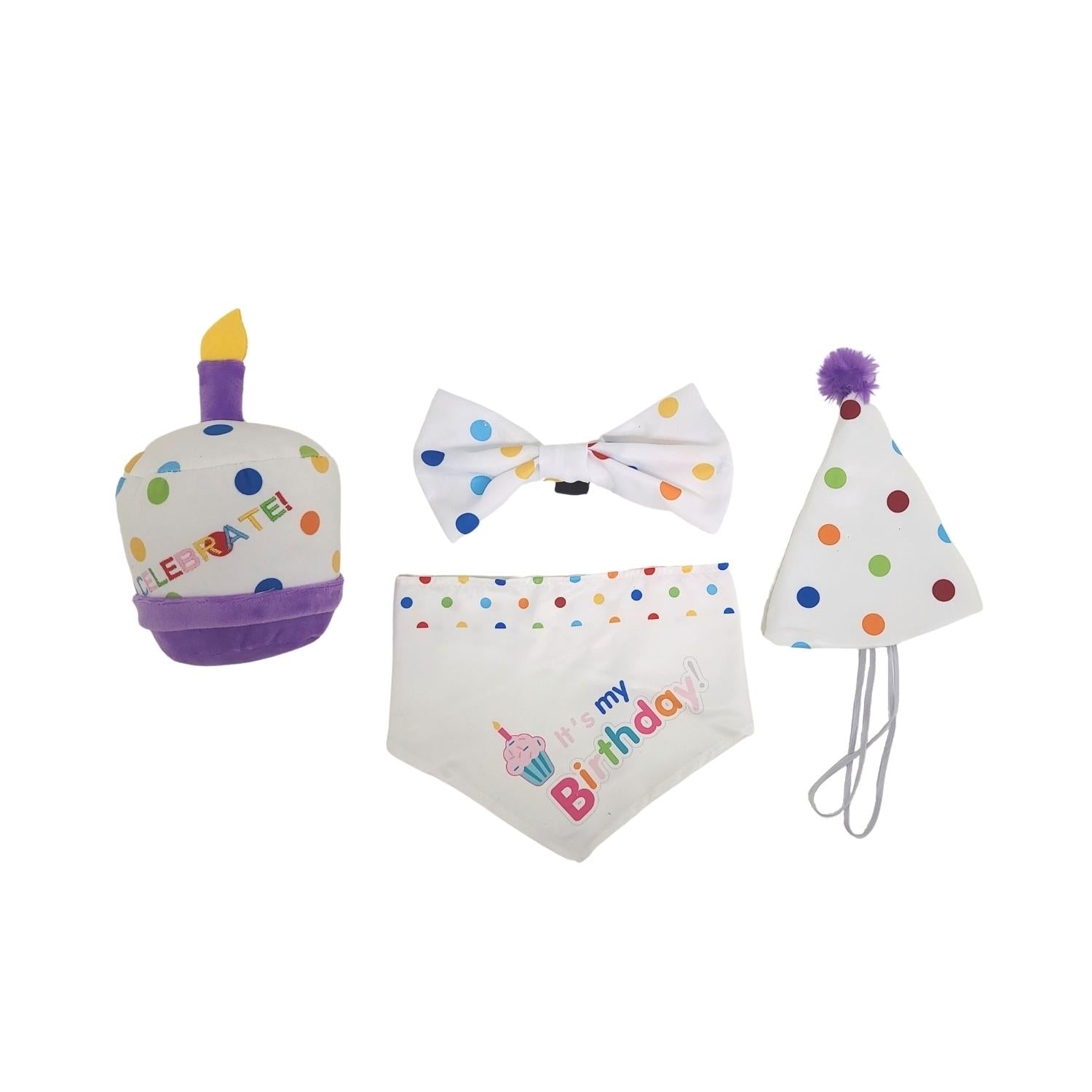 4-Piece Dog Birthday Kit with Bandana, Hat, Bow Tie & Plush Cake Toy