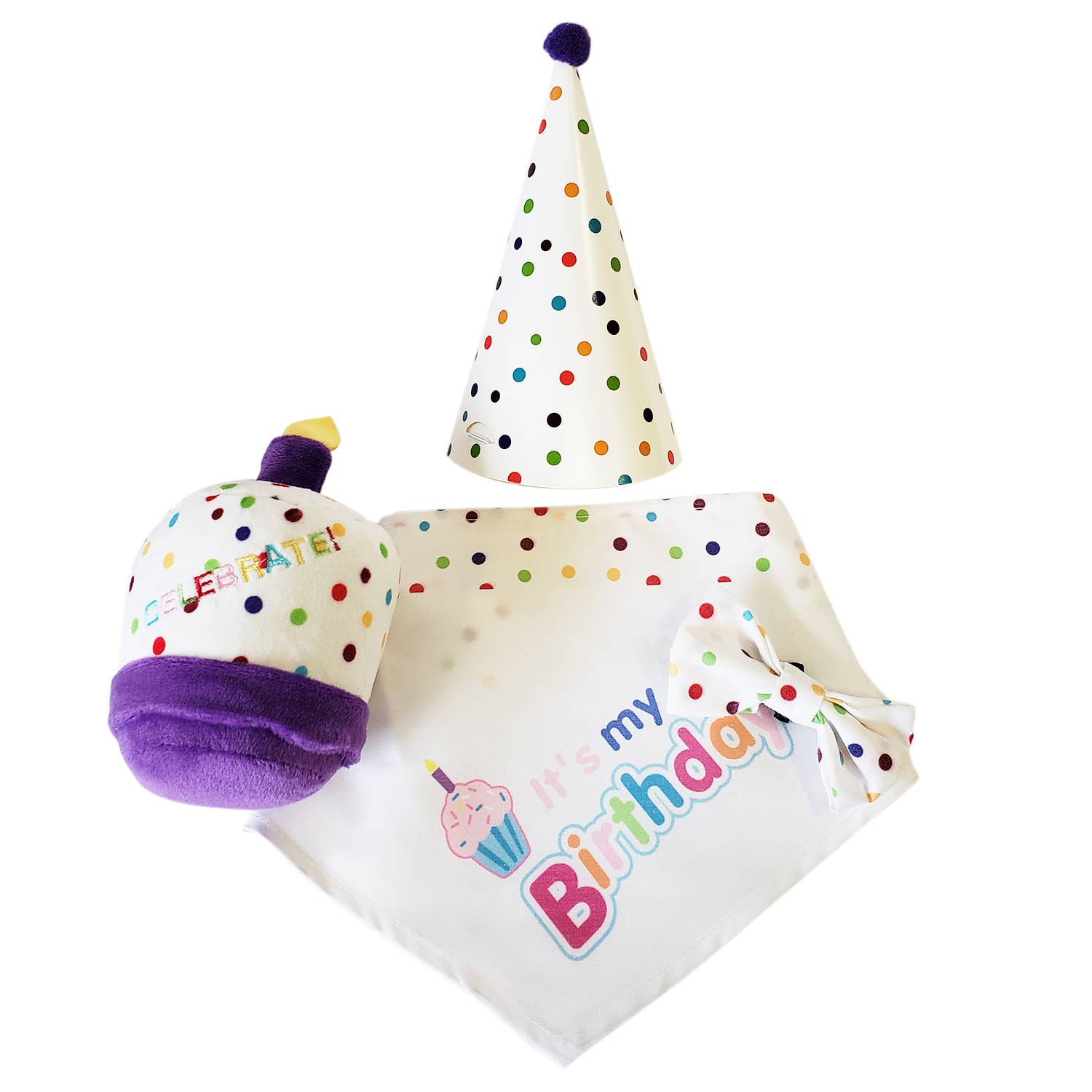 4-Piece Dog Birthday Kit with Bandana, Hat, Bow Tie & Plush Cake Toy