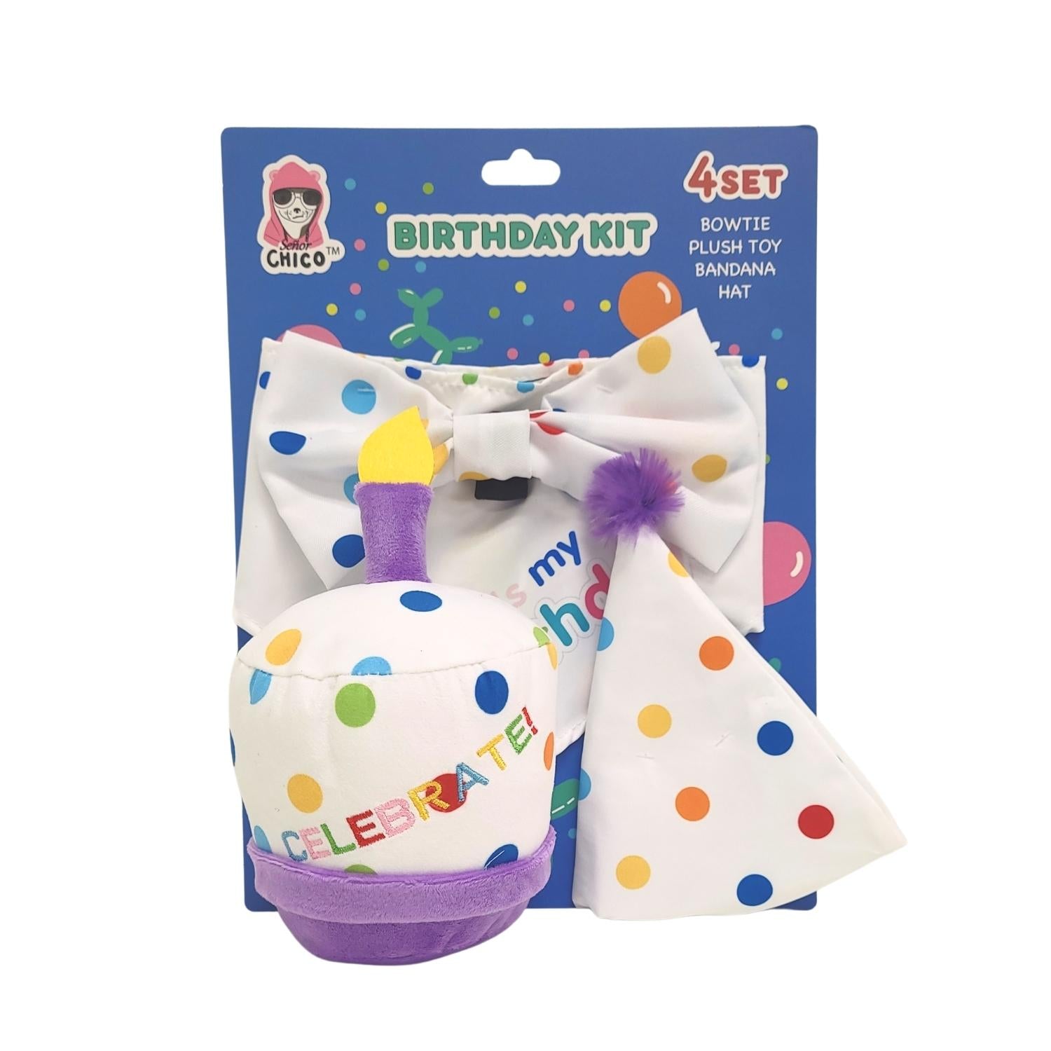 4-Piece Dog Birthday Kit with Bandana, Hat, Bow Tie & Plush Cake Toy