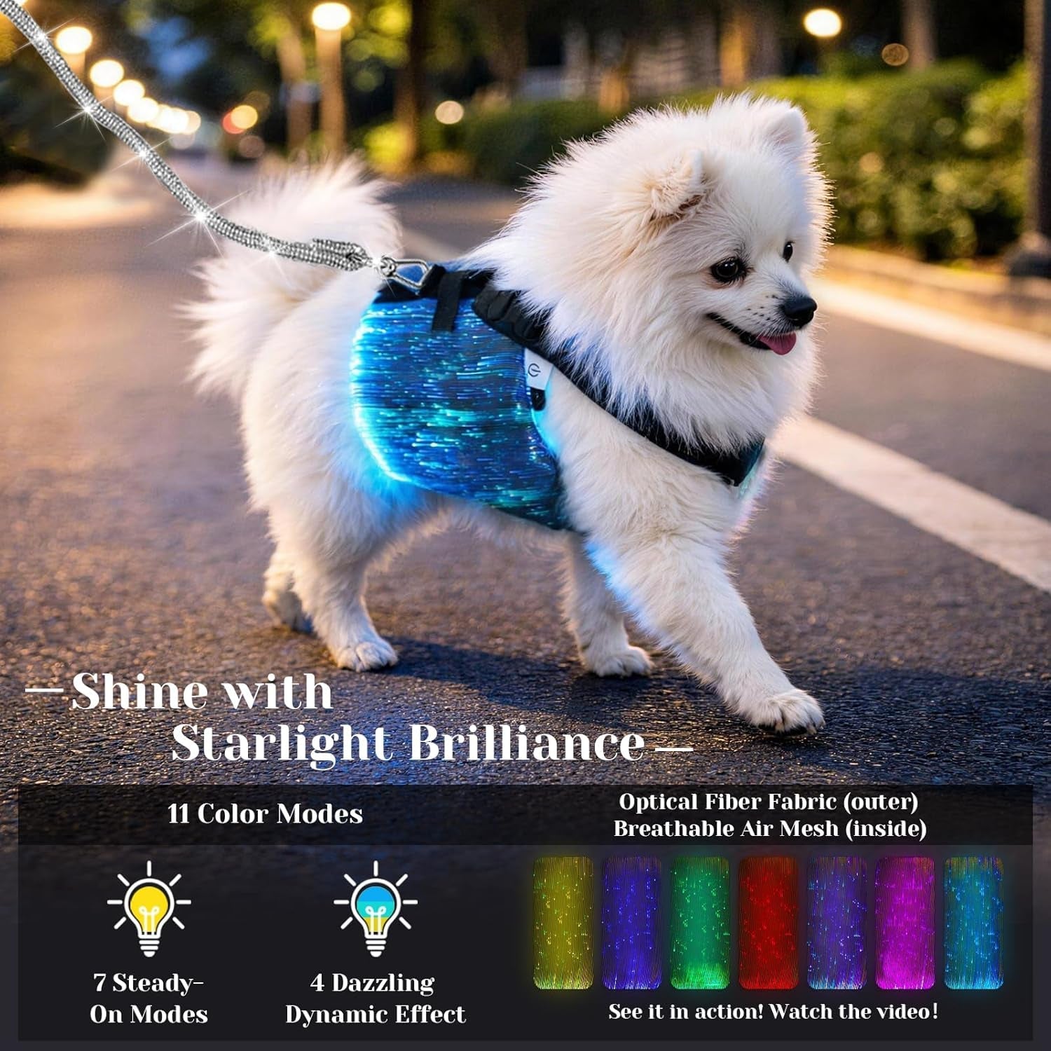 LED Dog Harness Light Up Fiber Optic Remote Control Small Dogs Cats