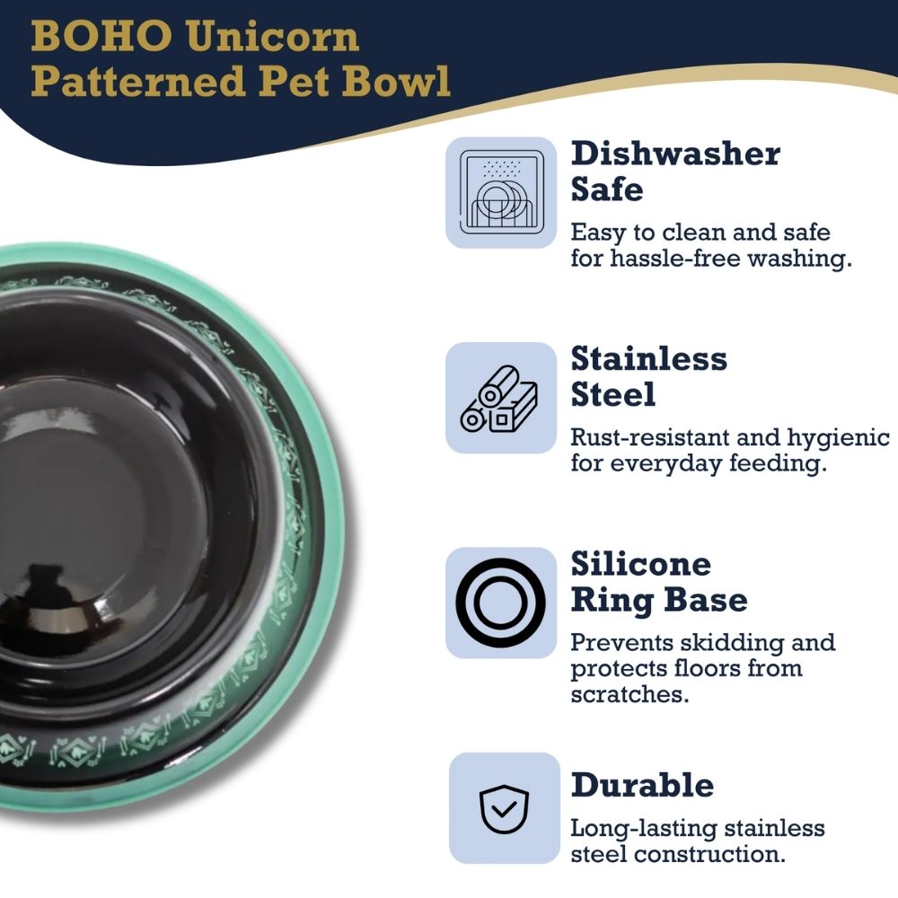 BOHO Unicorn Stainless Steel Dog Bowl with Silicone Base, 24 oz
