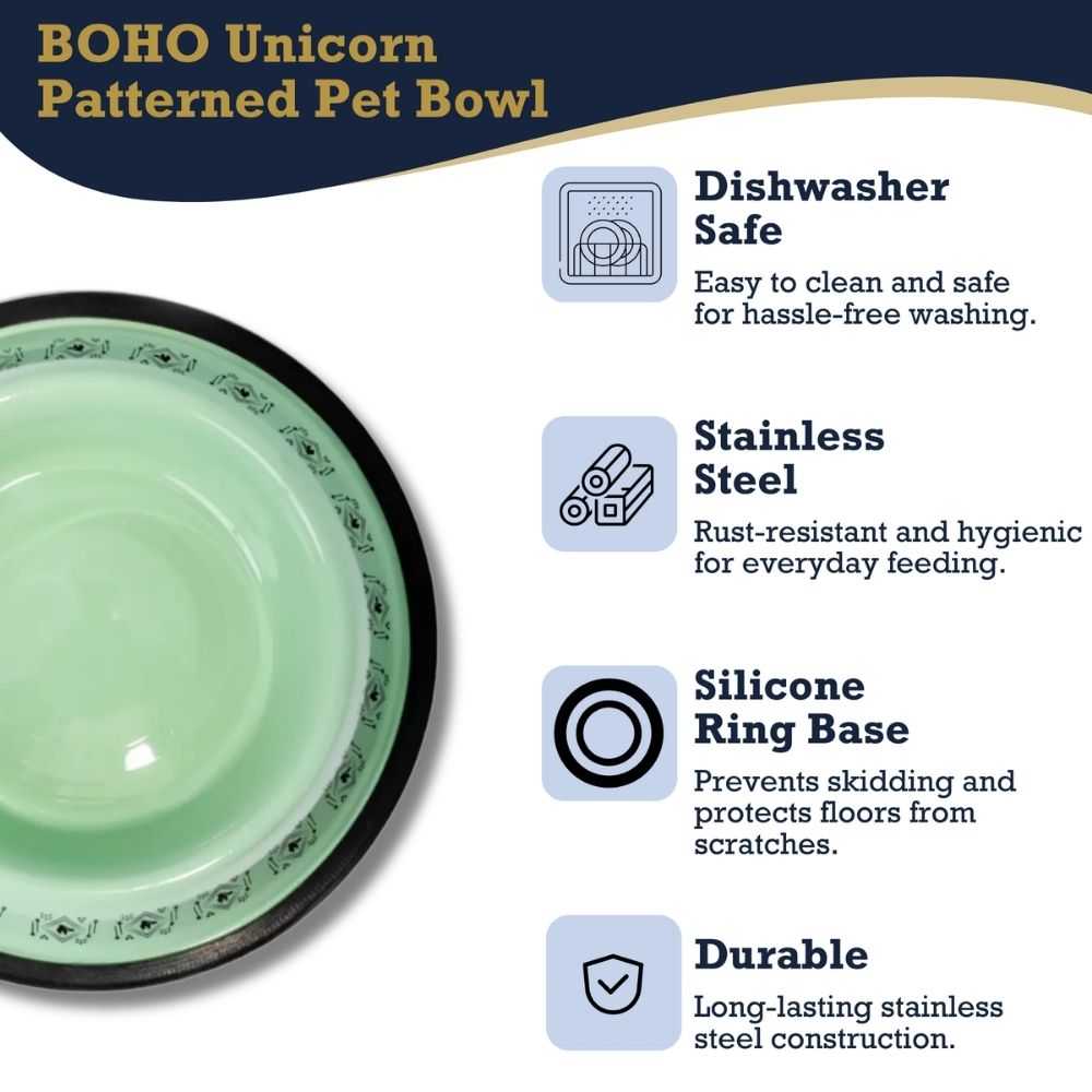 BOHO Unicorn Stainless Steel Dog Bowl with Silicone Base, 24 oz