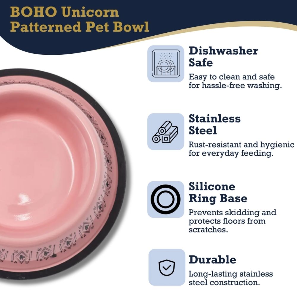 BOHO Unicorn Stainless Steel Dog Bowl with Silicone Base, 24 oz