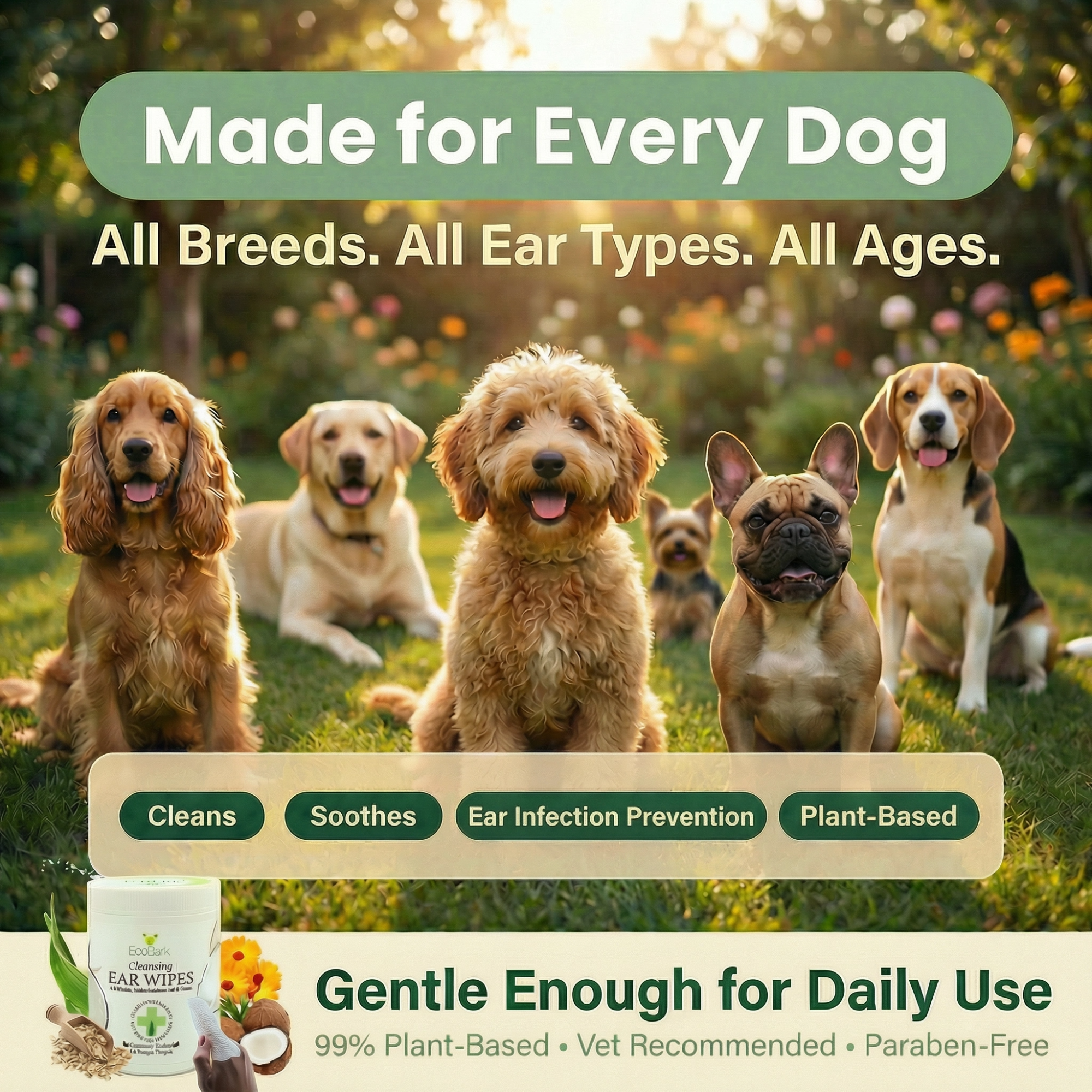 Natural Dog Ear Finger Wipes | EcoBark Coconut Cleansing Ear Wipes for dogs (50 Count)