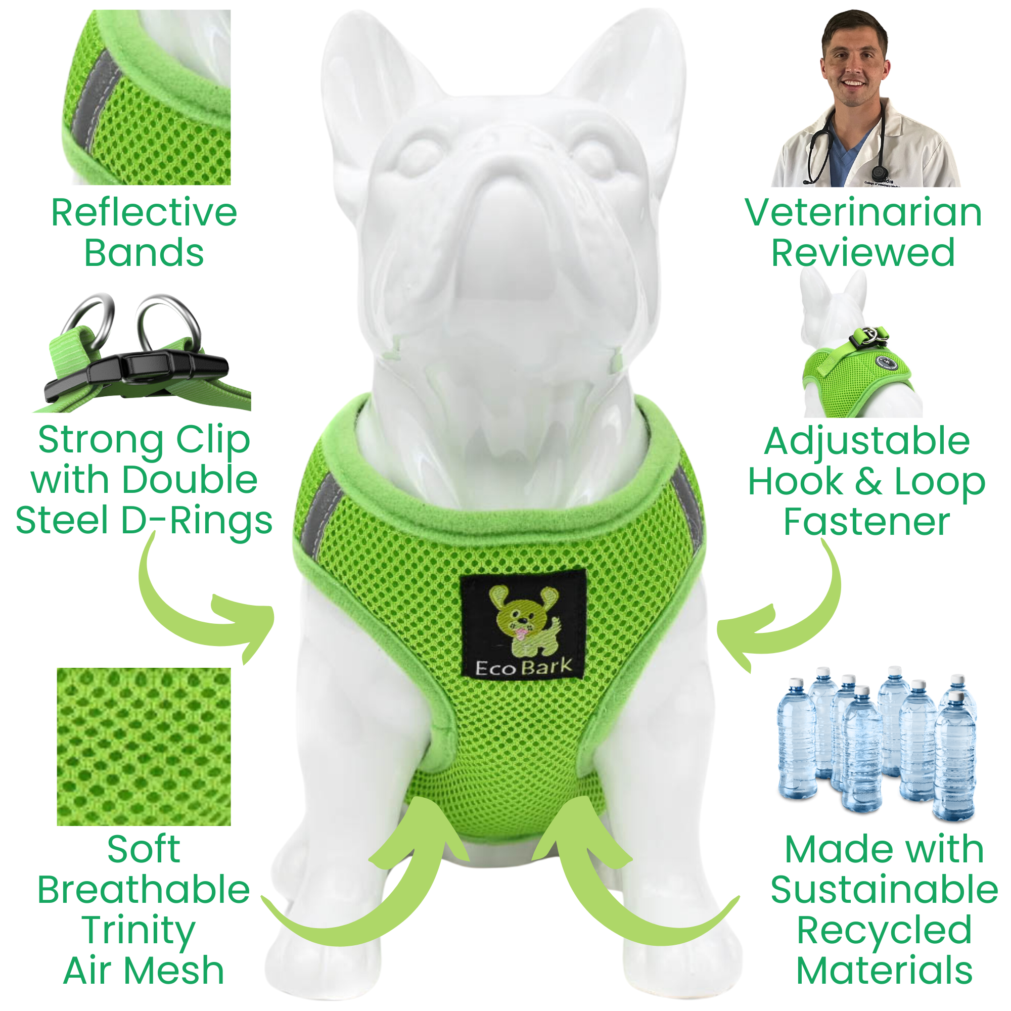 EcoBark Step In Dog Harness - Teacup & Small Breeds- Reflective Soft Mesh Harness for Teacup, Small Dogs and Puppies / Lime Green
