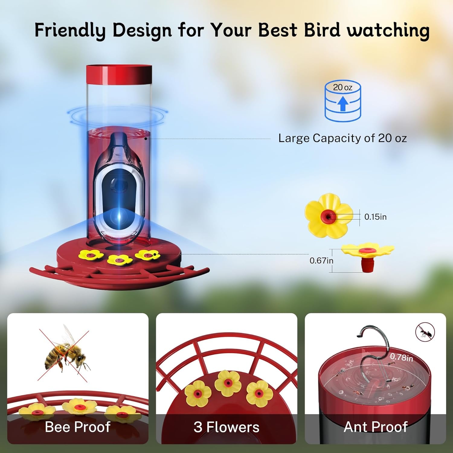 Hummingbird Feeder Camera Solar WiFi Smart AI Motion Detection 20oz