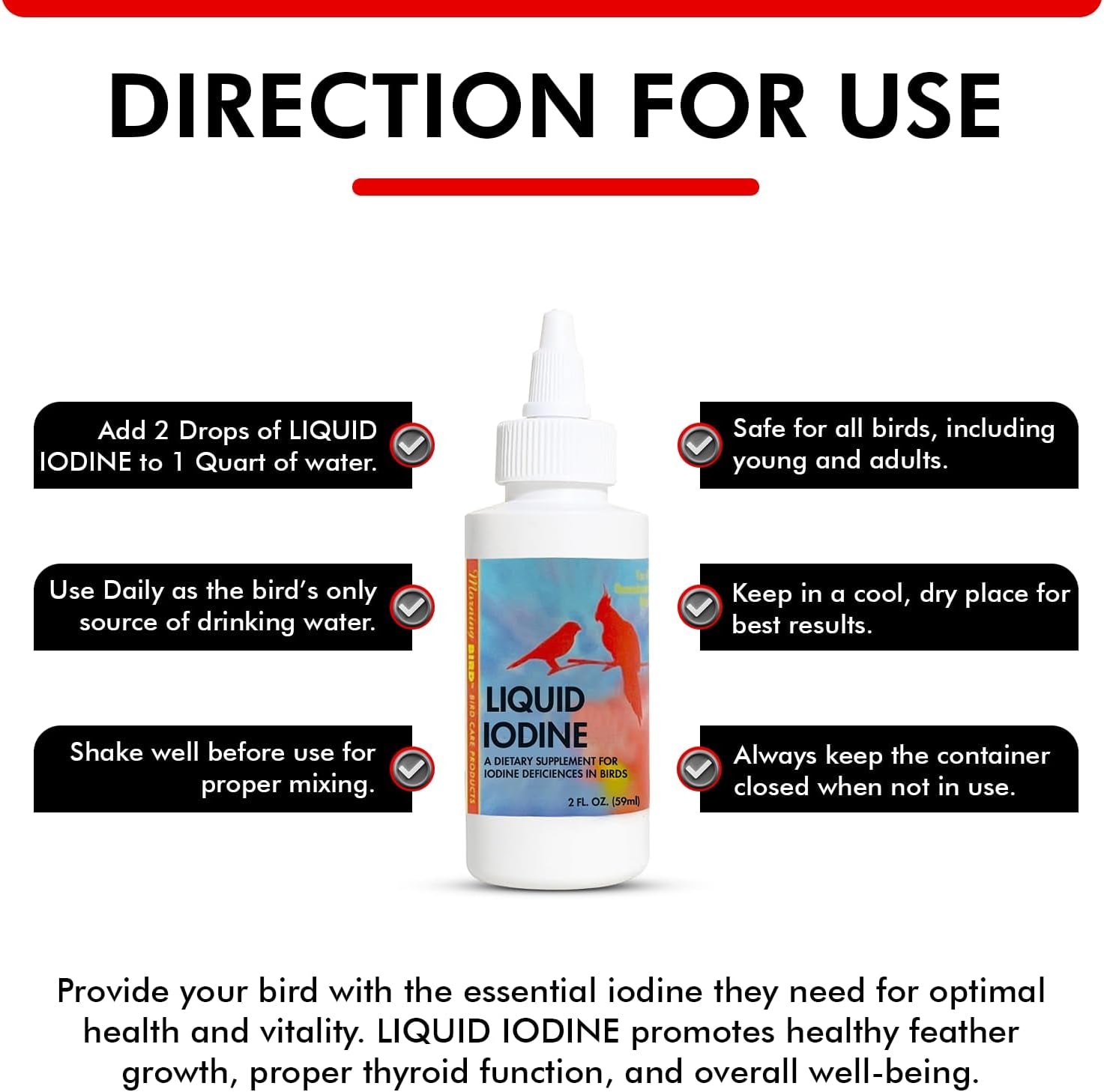 Liquid Iodine Supplement for Birds Feather Thyroid Support 4oz