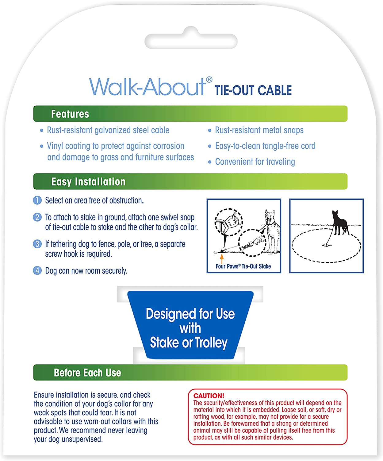 Four Paws Walk About Tie Out Cable Medium Weight For Dogs
