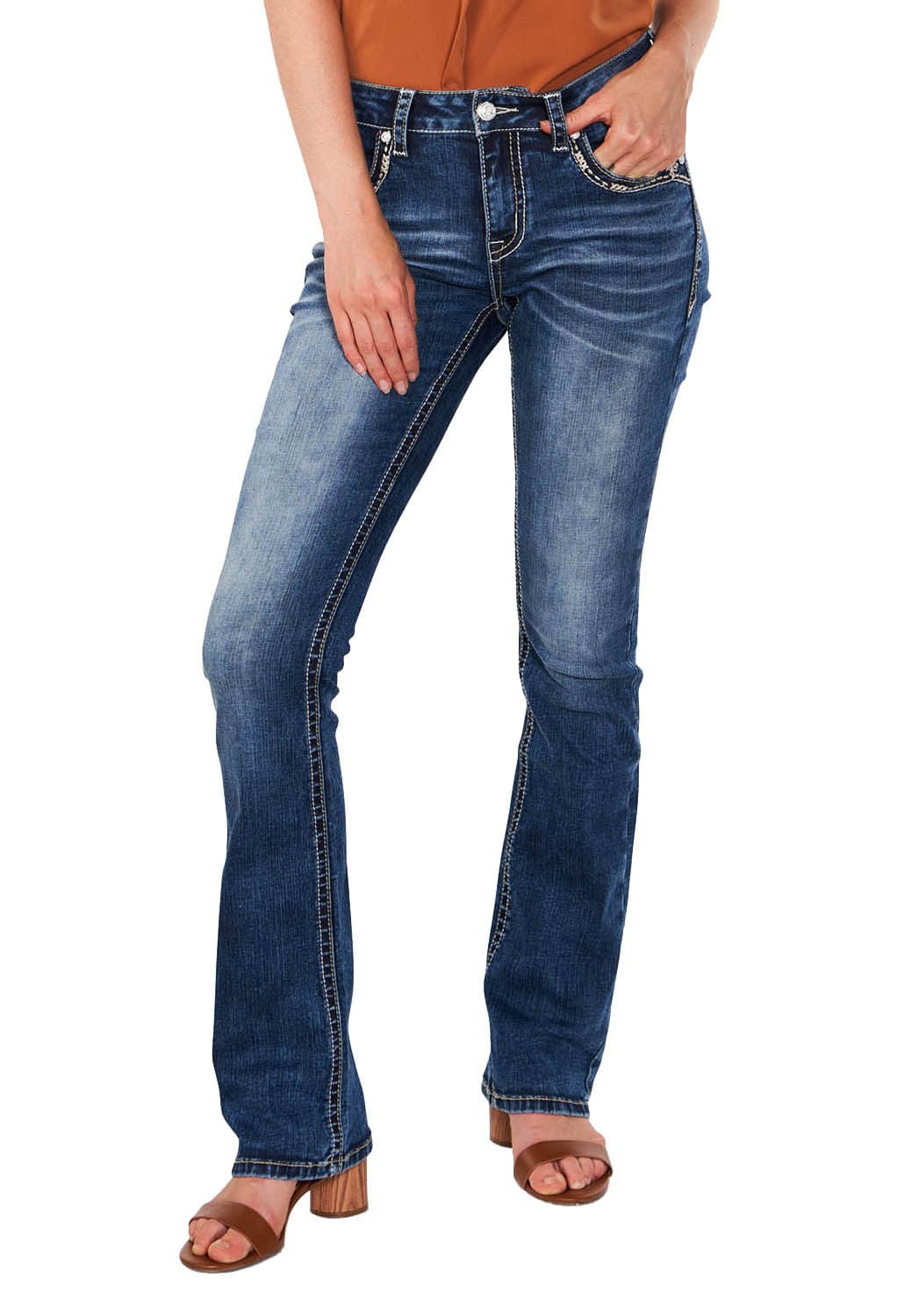 Grace in LA Women's Western Cactus Scene Embroidered Mid Rise Bootcut Jeans