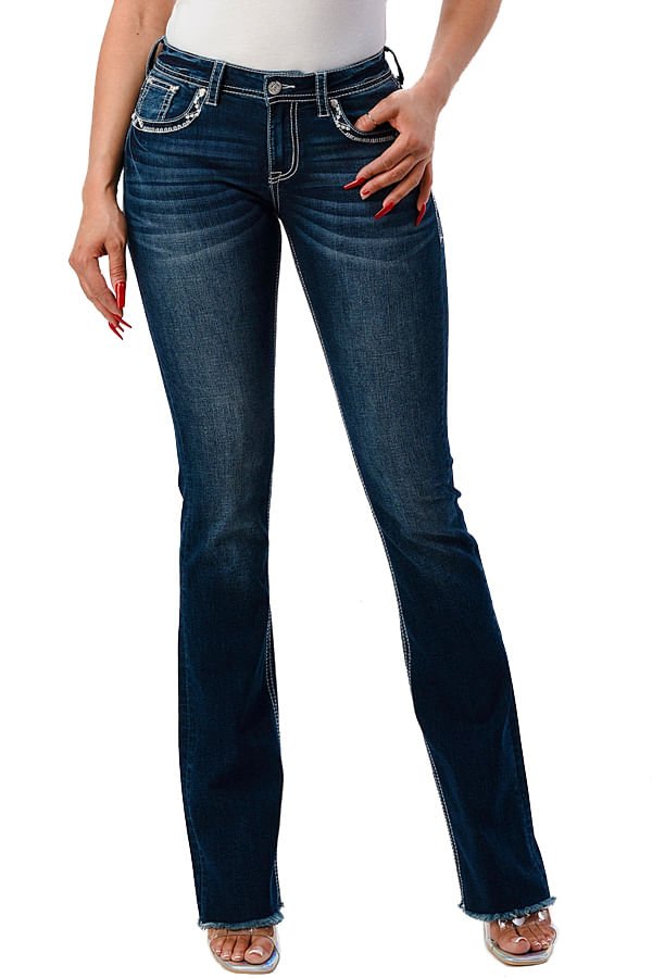 Grace in LA Women's Western Horseshoe Embellished Mid Rise Stretch Bootcut Jeans