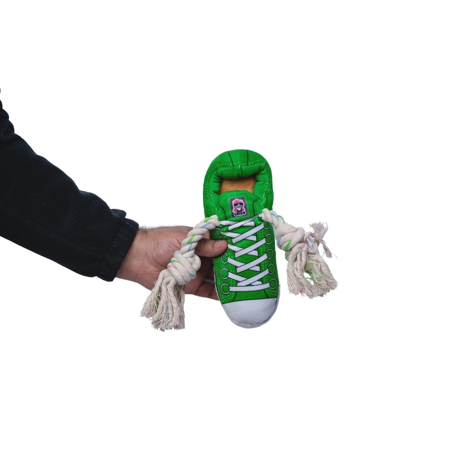 Green Squeaky Plush Sneaker Dog Toy with Rope & Treat Compartment