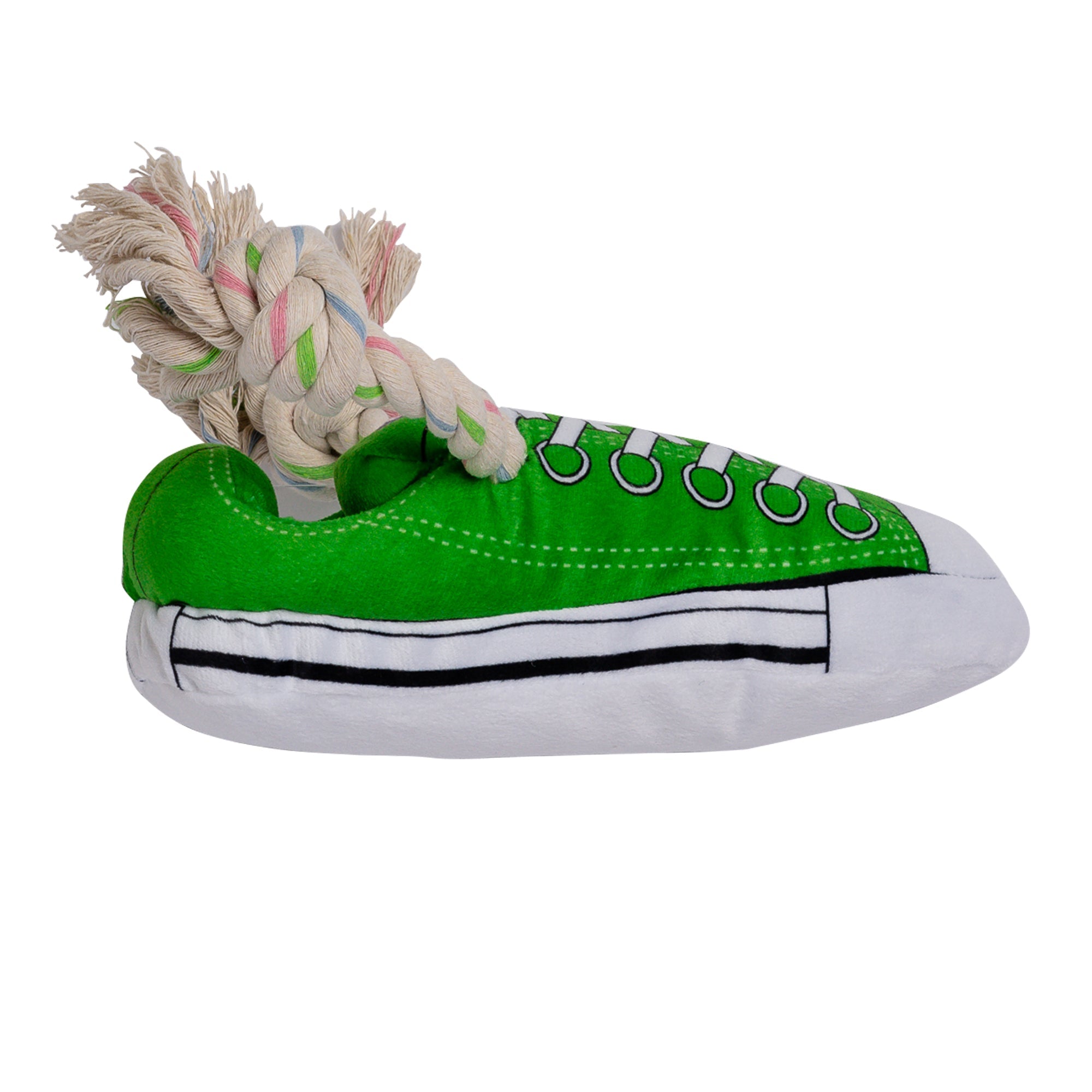Green Squeaky Plush Sneaker Dog Toy with Rope & Treat Compartment