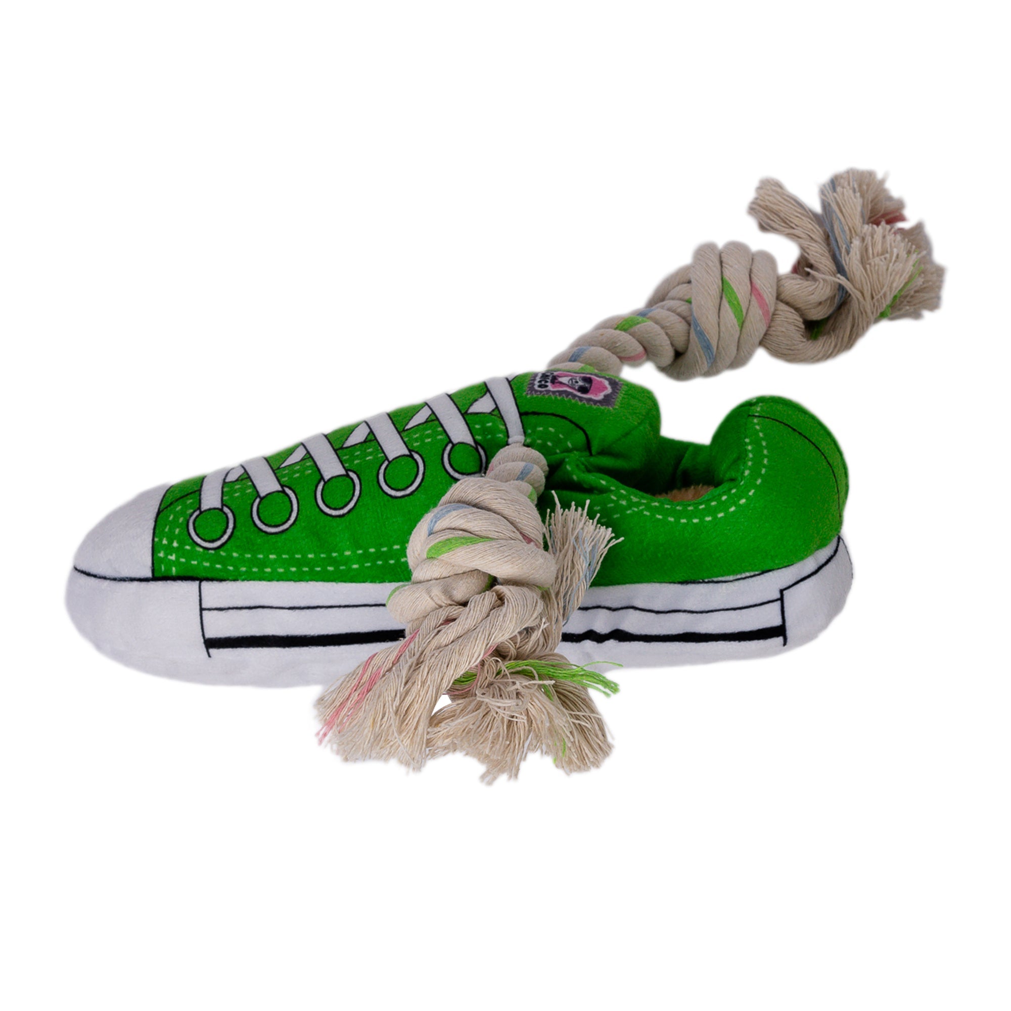 Green Squeaky Plush Sneaker Dog Toy with Rope & Treat Compartment