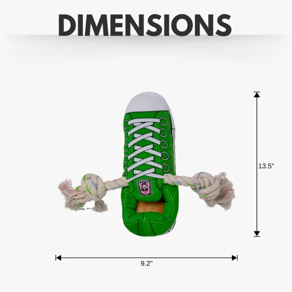 Green Squeaky Plush Sneaker Dog Toy with Rope & Treat Compartment