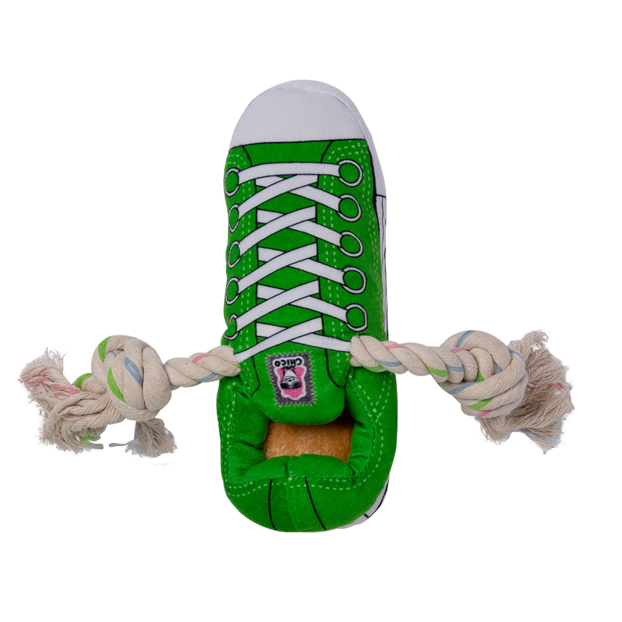 Green Squeaky Plush Sneaker Dog Toy with Rope & Treat Compartment