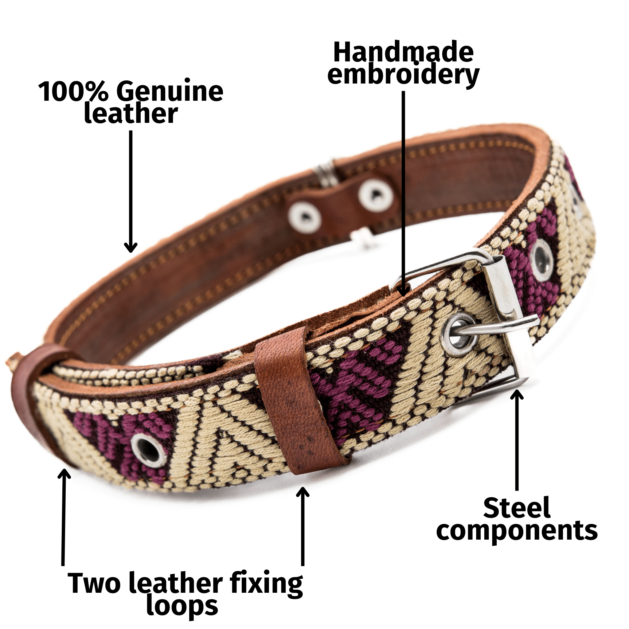 Handmade Leather Dog Collar — Aztec Embroidered | Baja White