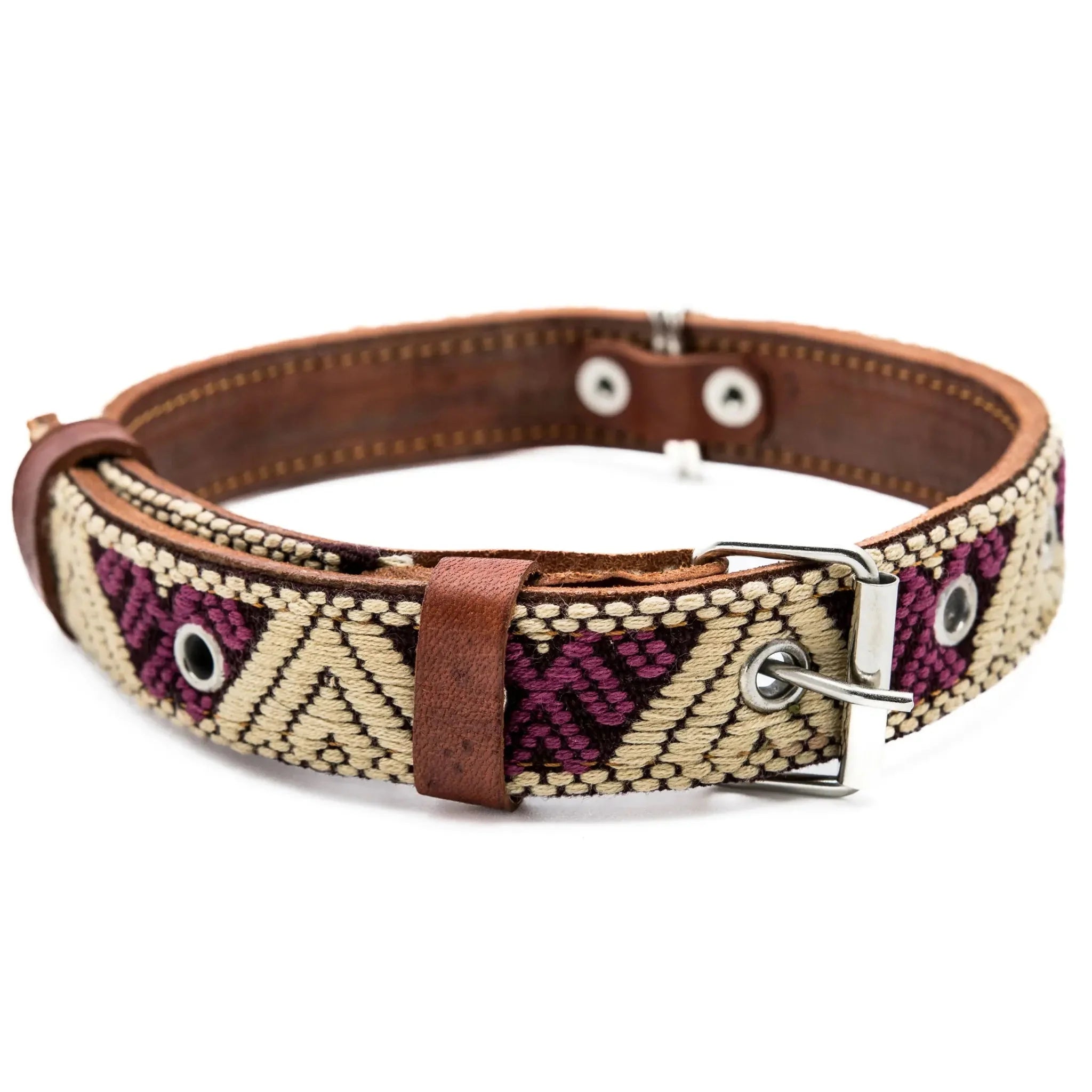 Handmade Leather Dog Collar — Aztec Embroidered | Baja White