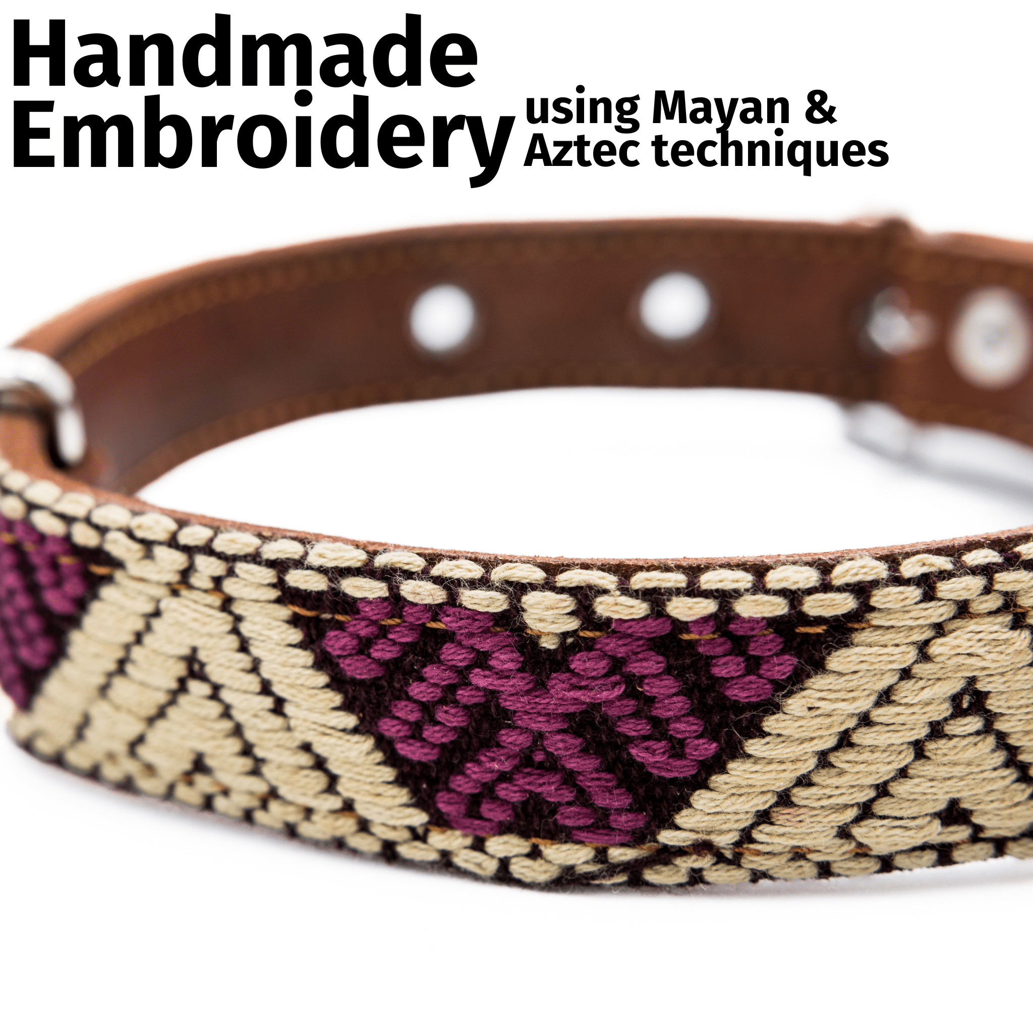 Handmade Leather Dog Collar — Aztec Embroidered | Baja White