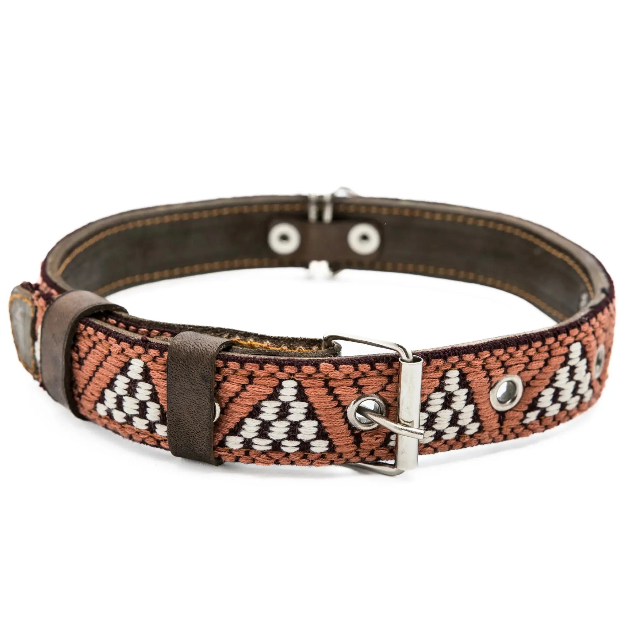 Handmade Leather Dog Collar — Aztec Embroidered | Brown Rust