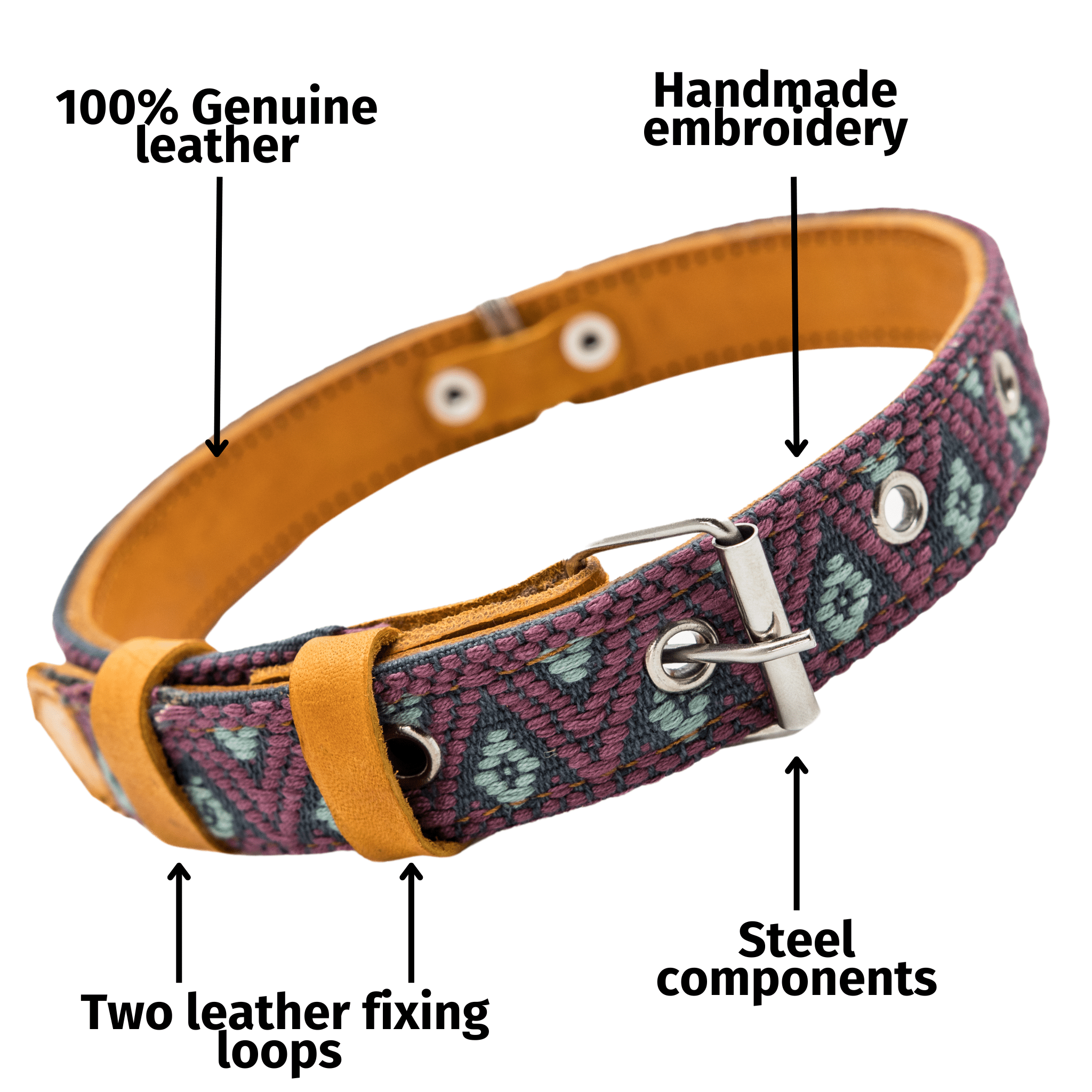 Handmade Leather Dog Collar — Aztec Embroidered | Camelot