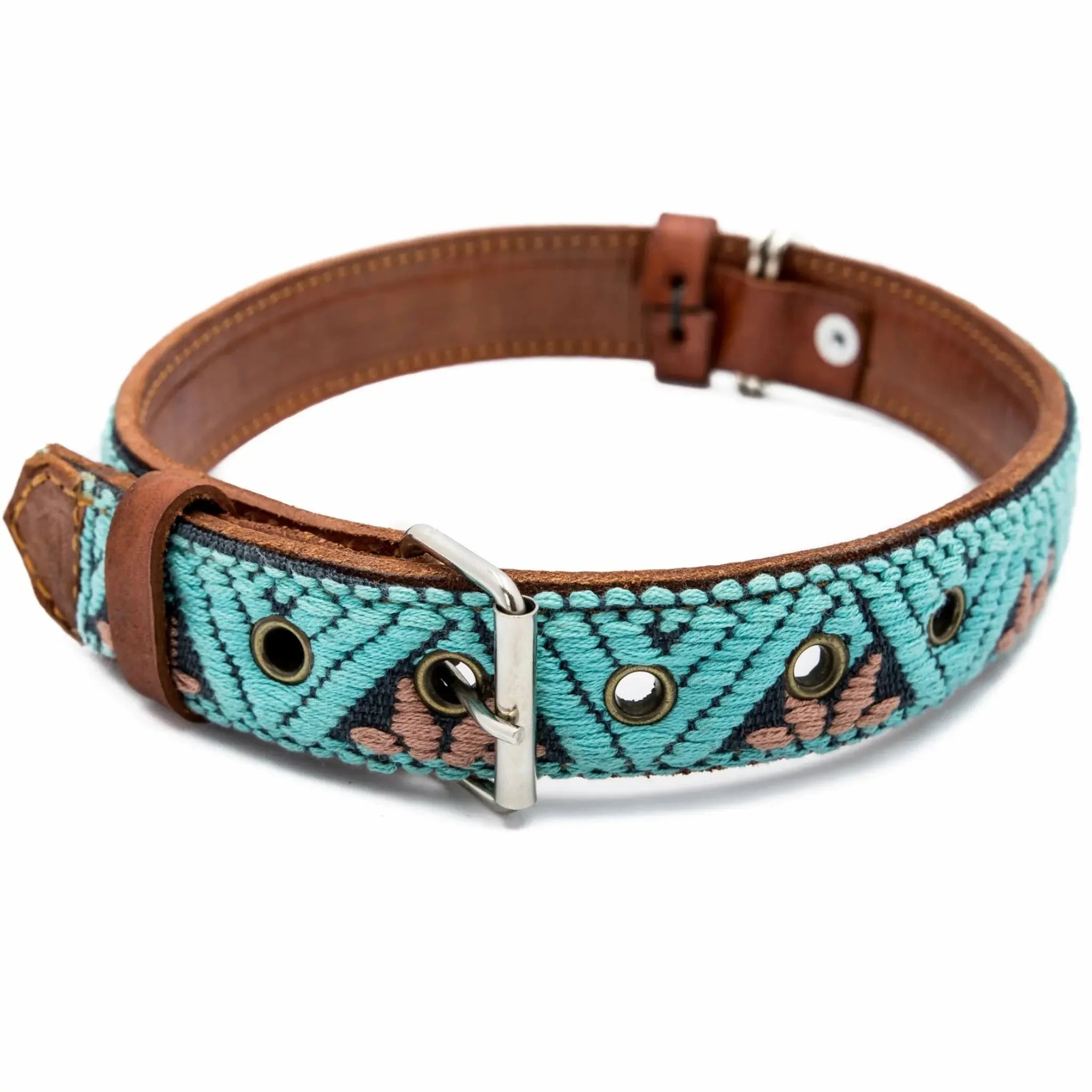 Handmade Leather Dog Collar — Aztec Embroidered | Teal
