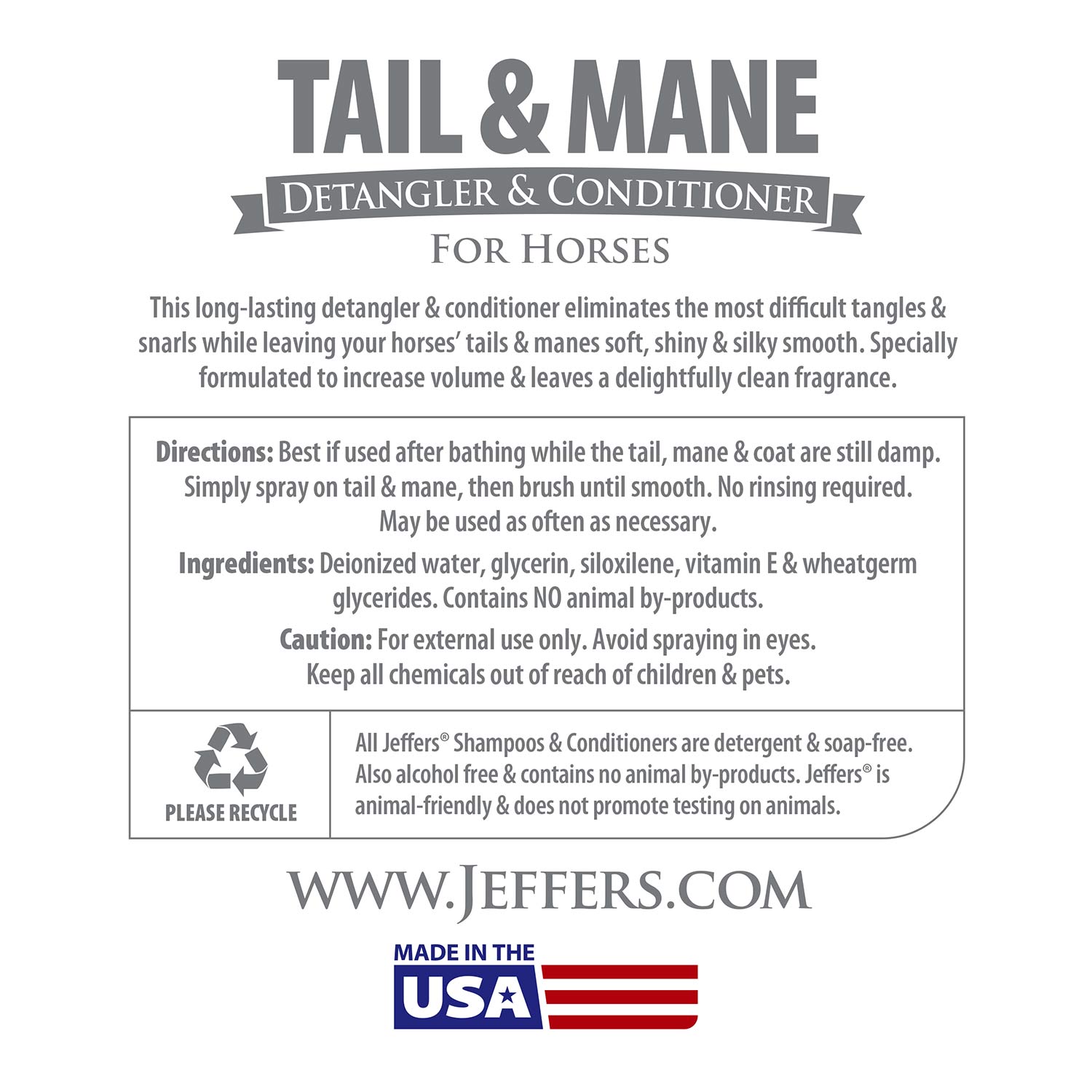 Jeffers Equine Tail & Mane Detangler and Conditioner for Horses