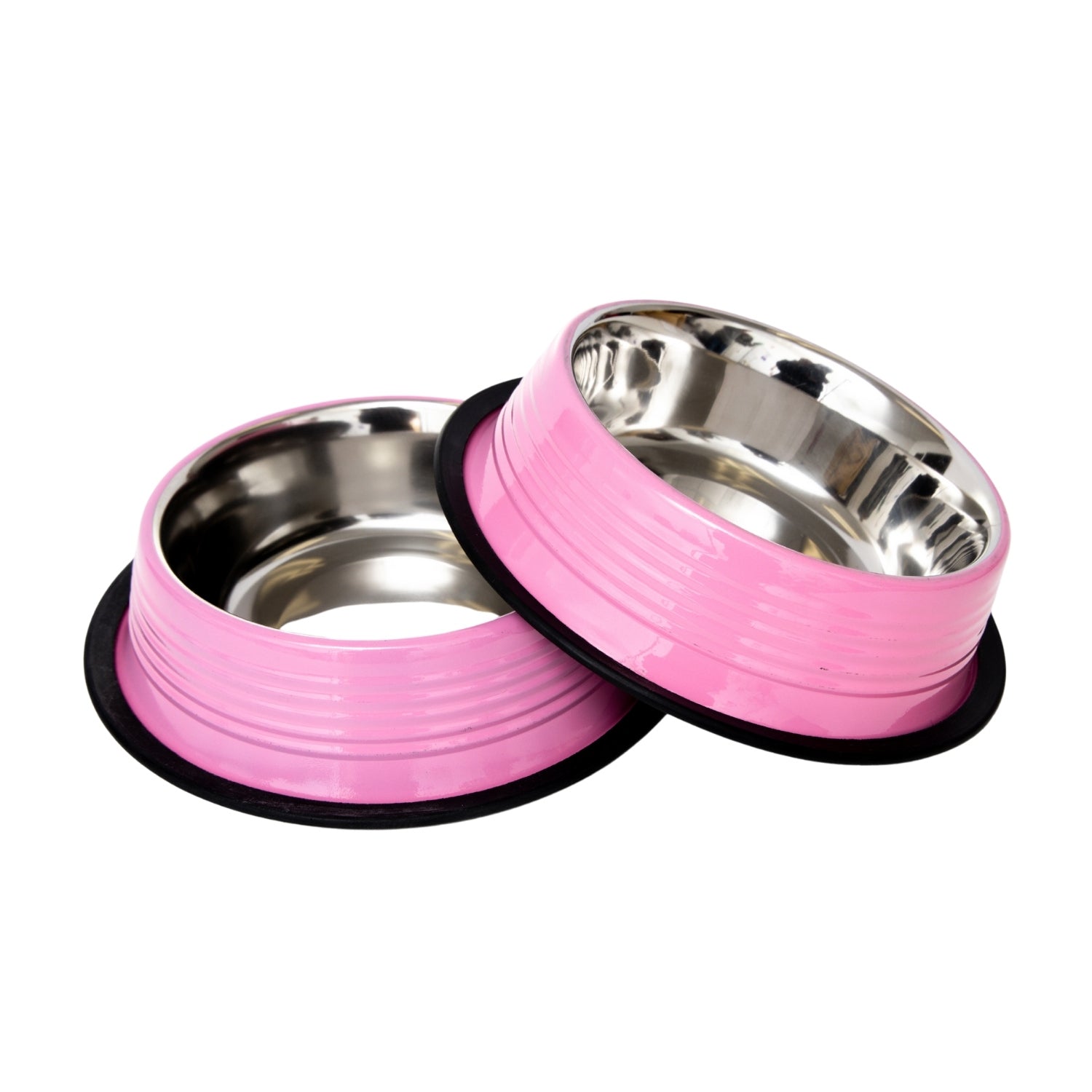 Country Living Ribbed Stainless Steel Pet Bowls – Carnation Pink | Set of 2 | Non-Slip Base