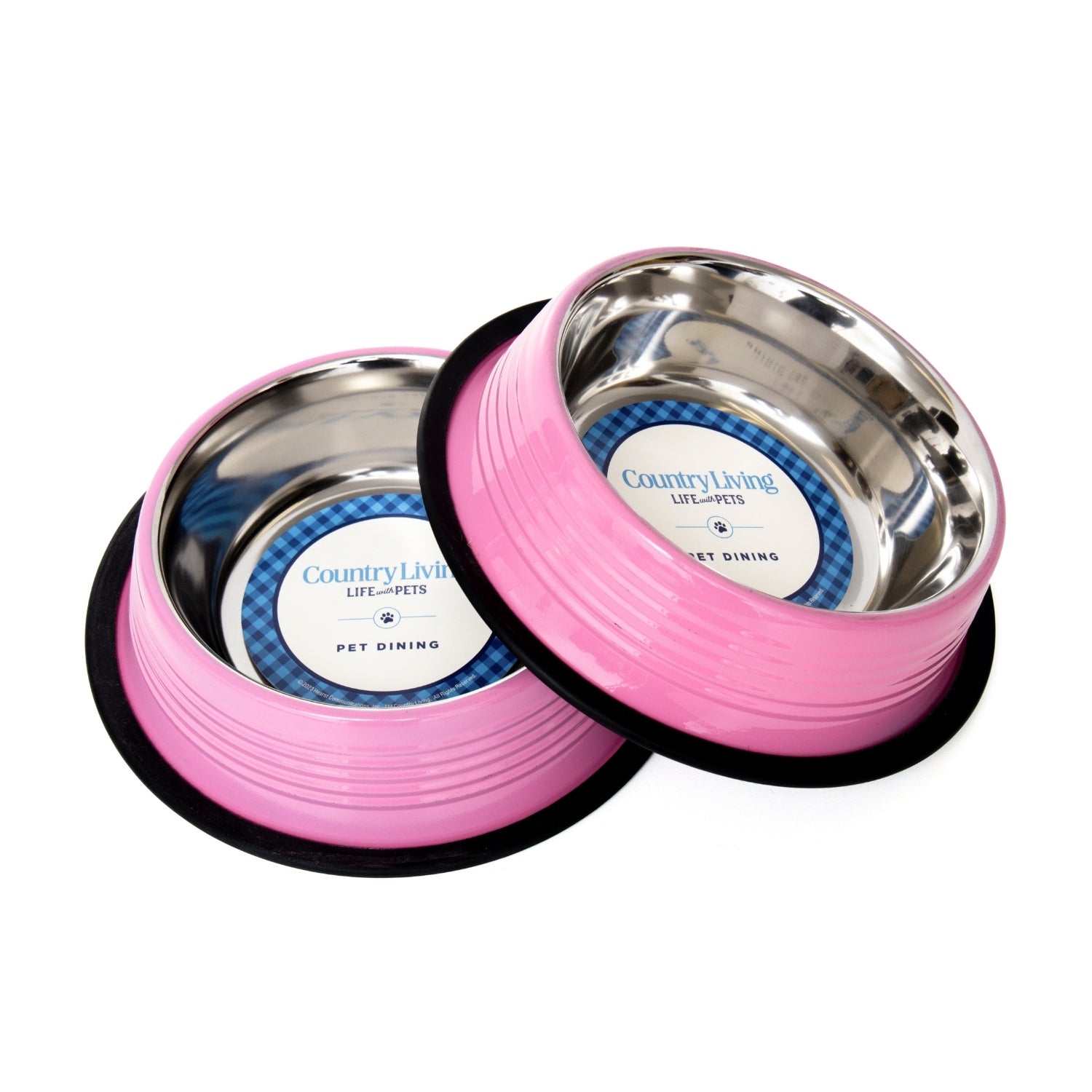 Country Living Ribbed Stainless Steel Pet Bowls – Carnation Pink | Set of 2 | Non-Slip Base