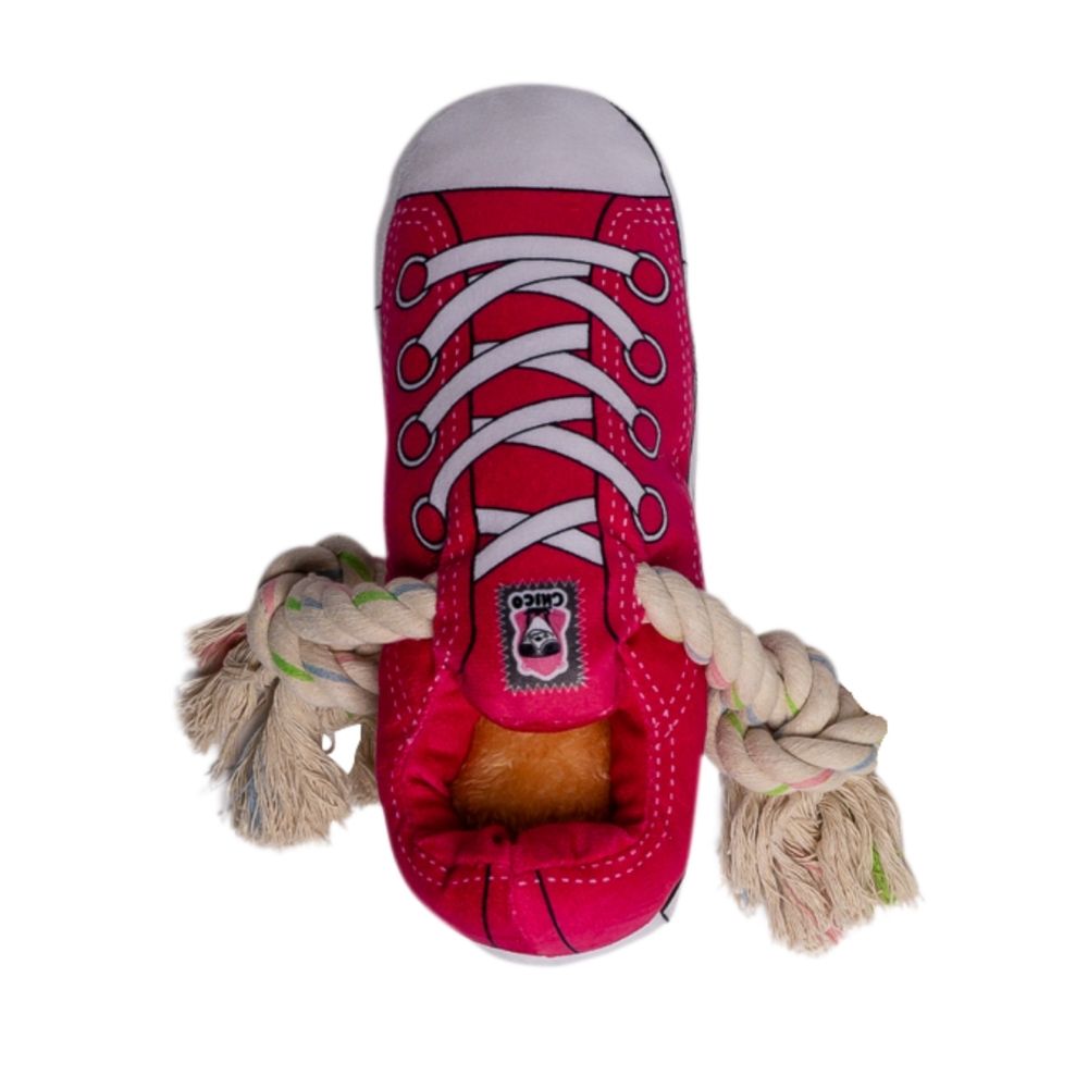 Pink Squeaky Plush Sneaker Dog Toy with Rope & Treat Compartment