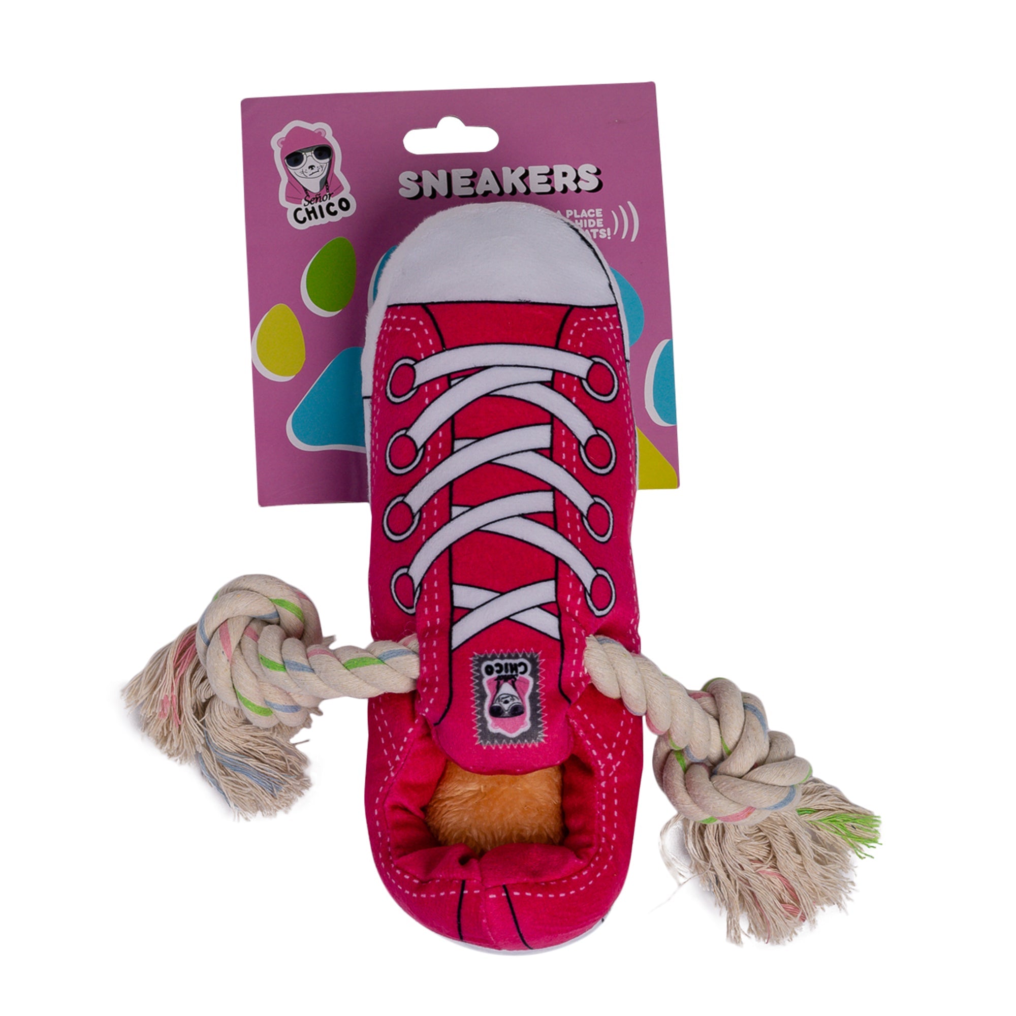 Pink Squeaky Plush Sneaker Dog Toy with Rope & Treat Compartment