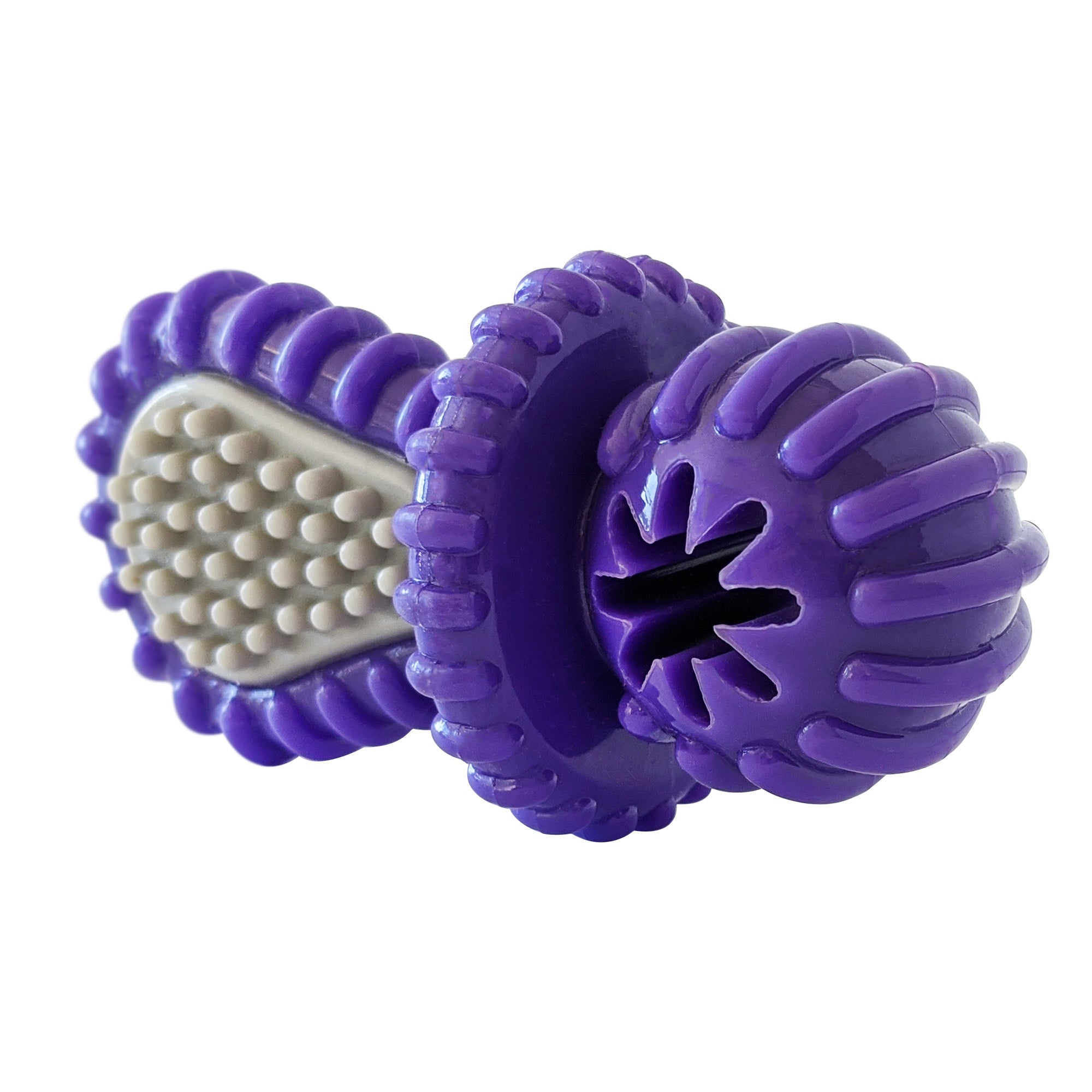 Purple TPR Pacifier Dog Chew Toy with Rope & Treat Holes, 4.9 × 2.3 in