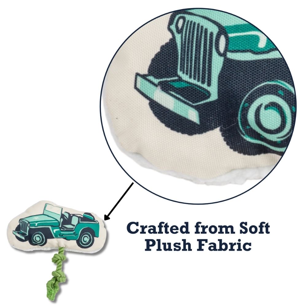 Country Living Retro Army Jeep Plush Dog Toy with Squeaker & Rope, 13 × 11 in